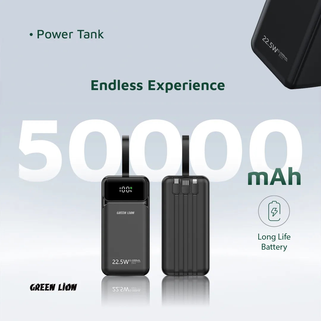 باور بانك Green Lion Power Tank بسعة 50000mAh وشحن سريع PD 22.5W – أسود