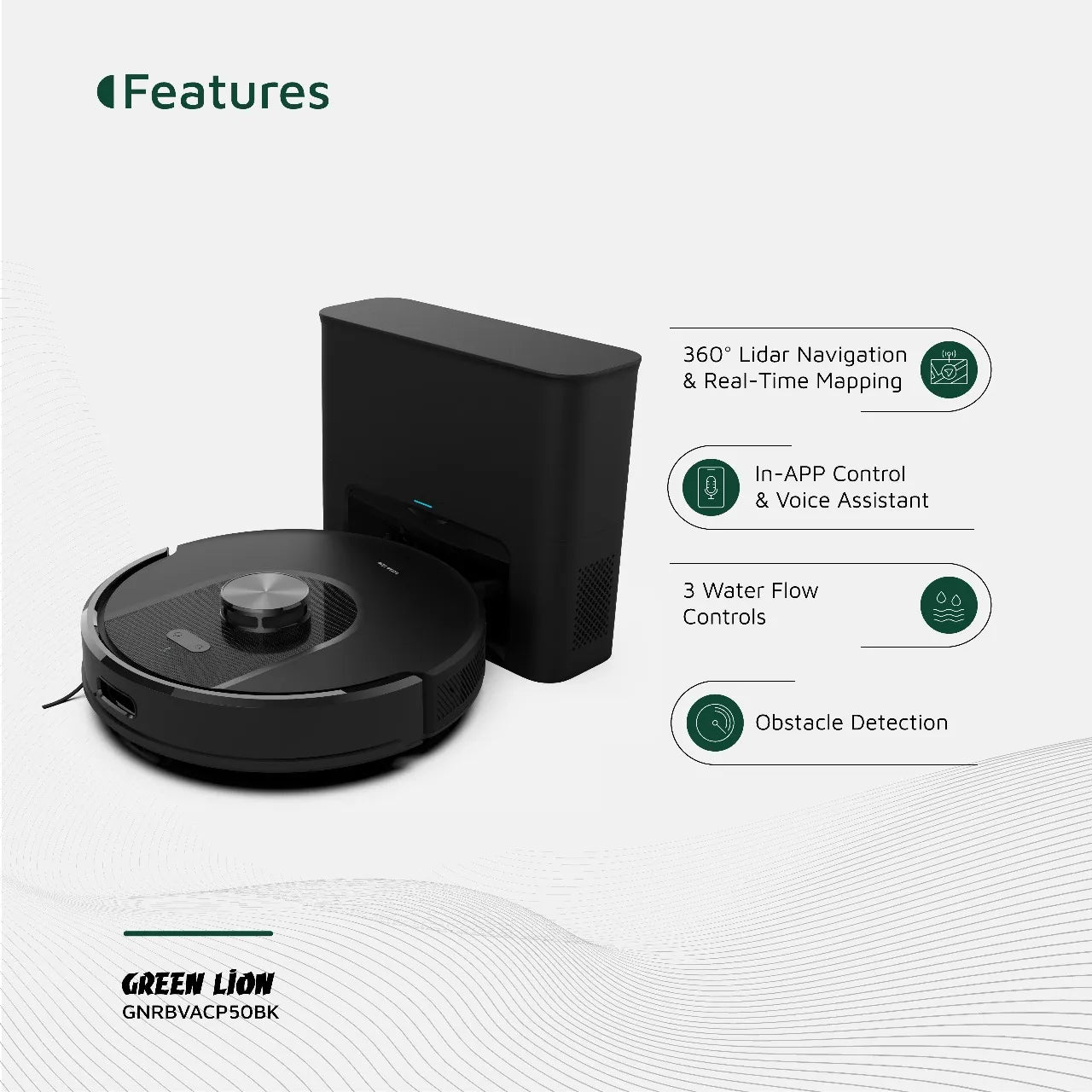 Green Lion Smart Robot Vacuum Pro with Self-Empty Dock & LiDAR Navigation – Black