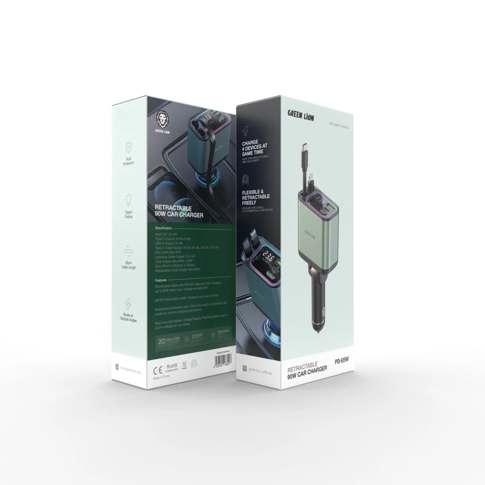 شاحن سيارة Green Lion Retractable بقوة 90W مع شحن سريع PD 65W وكابلين مدمجين قابلين للسحب – أخضر