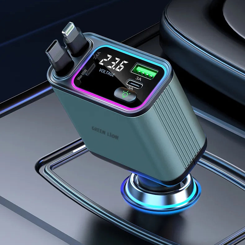 شاحن سيارة Green Lion Retractable بقوة 90W مع شحن سريع PD 65W وكابلين مدمجين قابلين للسحب – أخضر