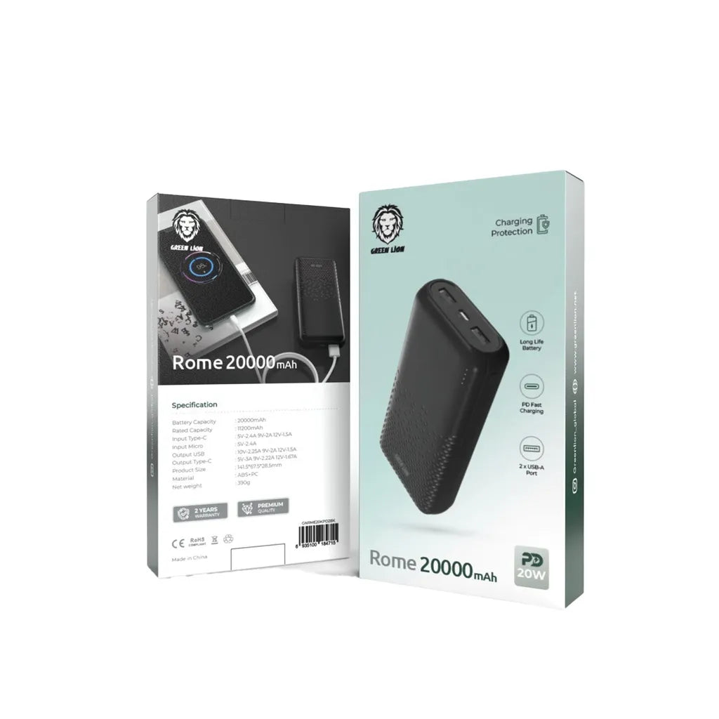باور بانك Green Lion Rome بسعة 20000mAh مع شحن سريع 20W PD – أسود