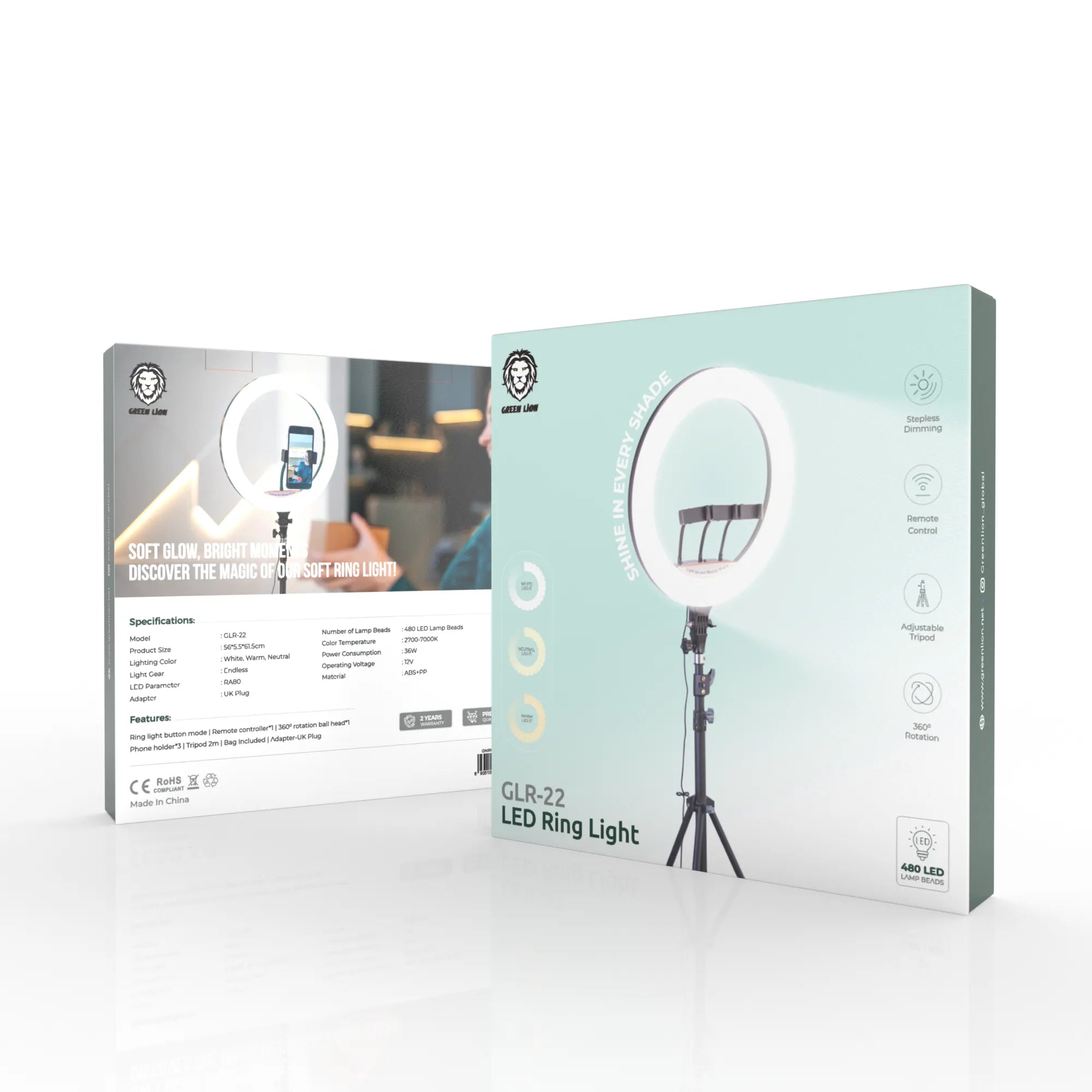 رينج لايت جرين ليون GLR-22 LED مقاس 22 إنش مع حامل قابل للتعديل وريموت كنترول