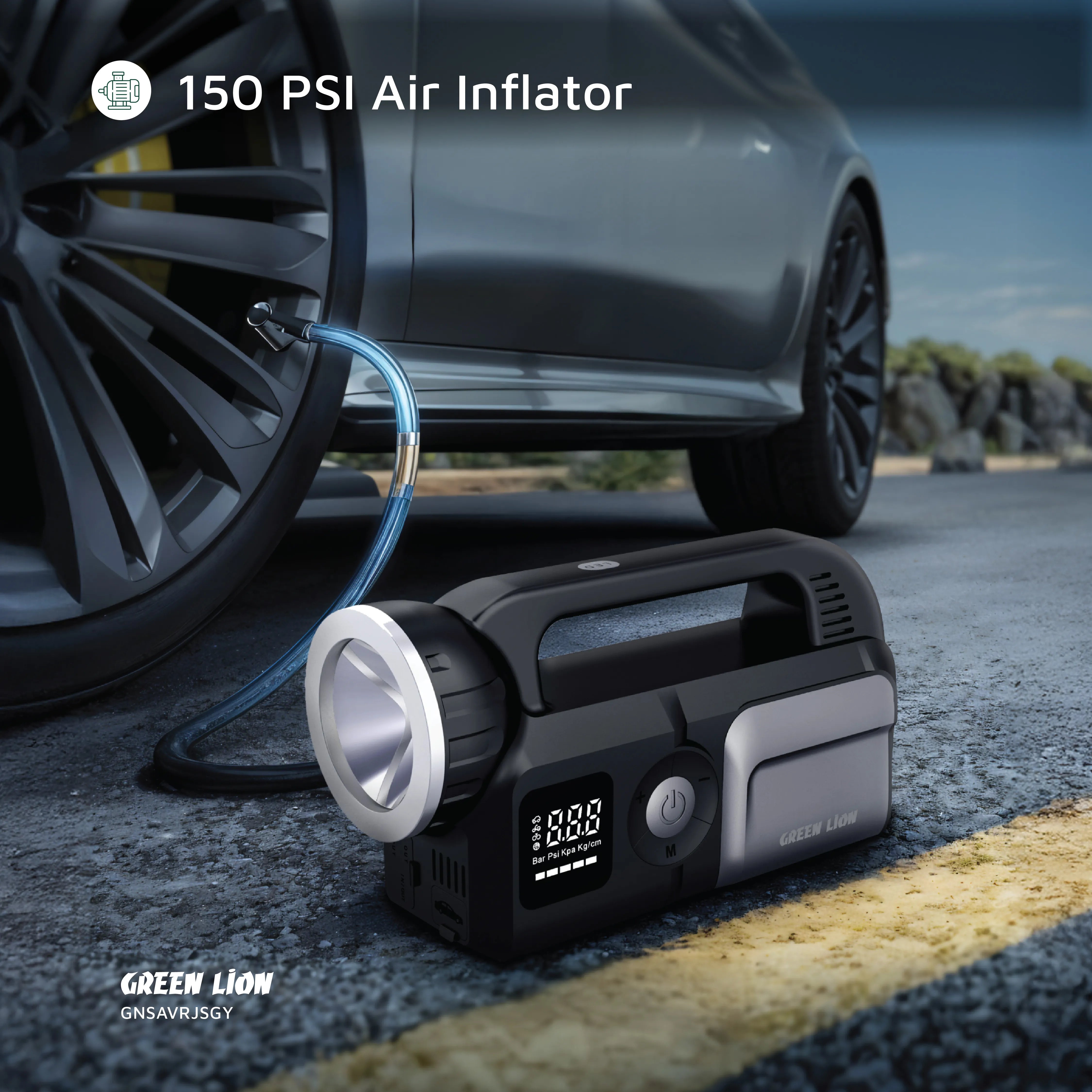 جهاز Green Lion Savior لتشغيل السيارات 12V مع منفاخ هواء 150PSI وباور بانك 24000mAh – أسود