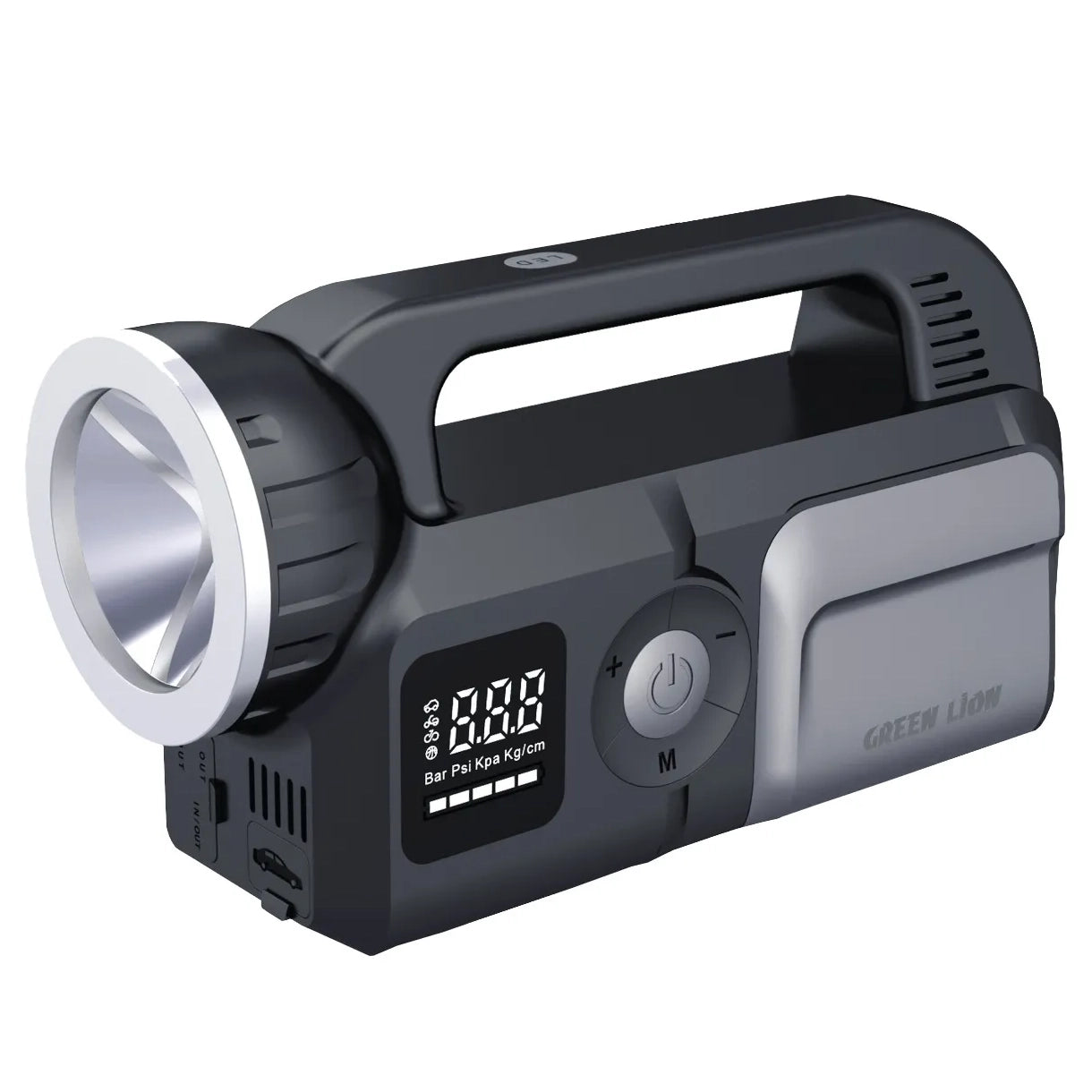 جهاز Green Lion Savior لتشغيل السيارات 12V مع منفاخ هواء 150PSI وباور بانك 24000mAh – أسود