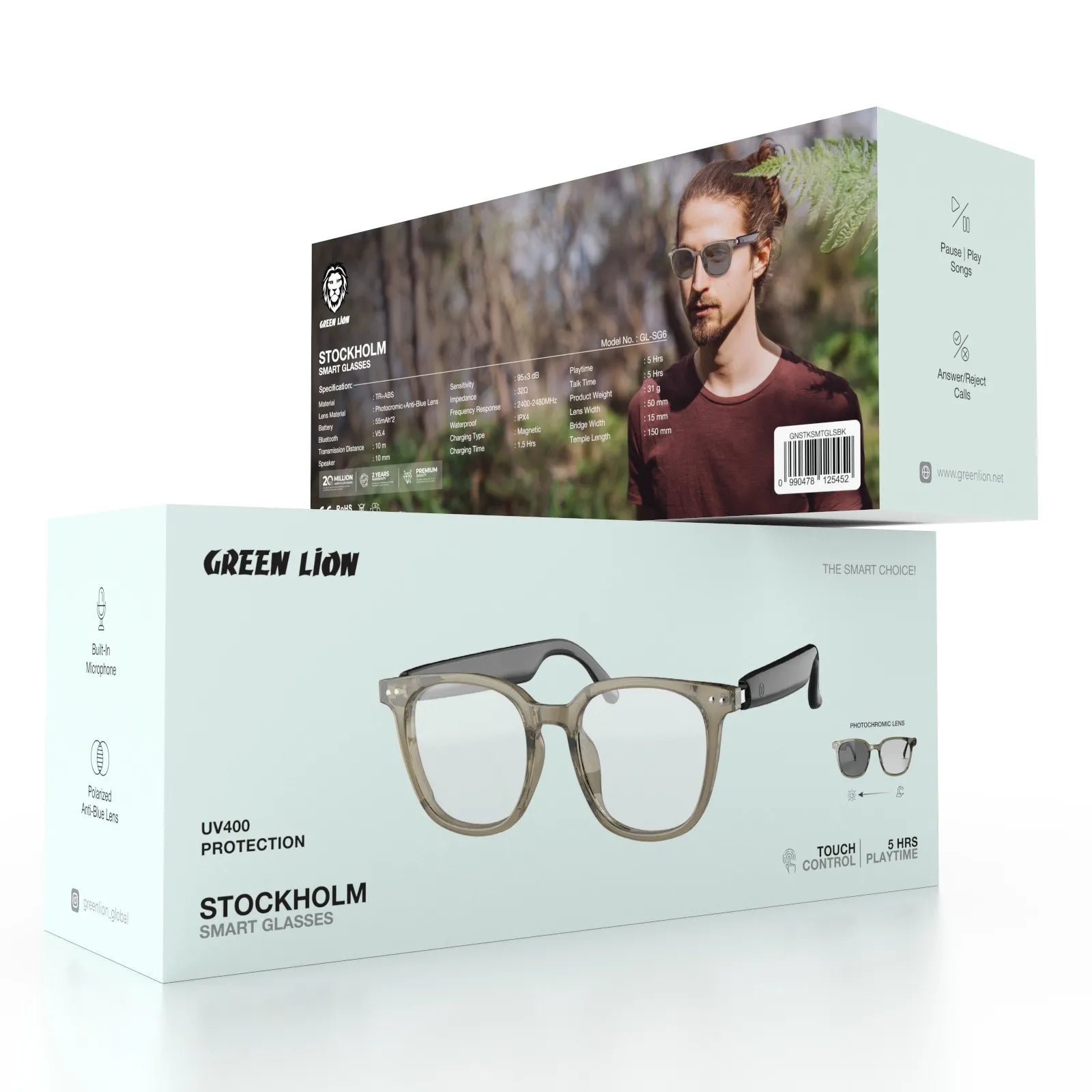 Green Lion Stockholm Smart Glasses with Bluetooth Audio & UV400 Protection – Black