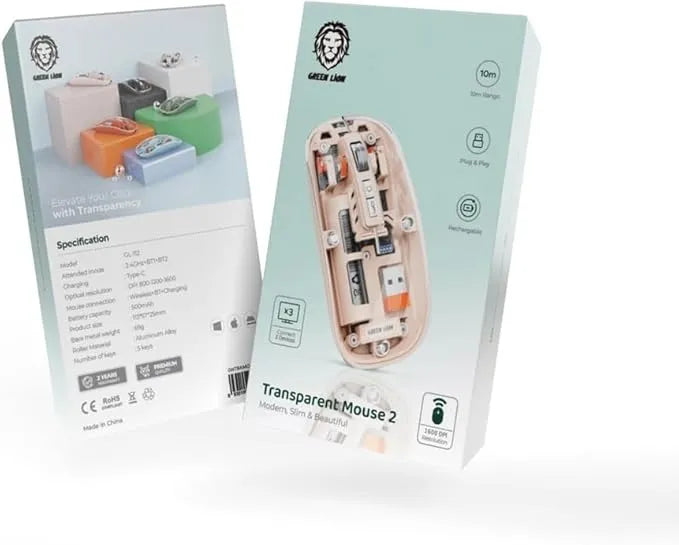 Green Lion Transparent Mouse 2 Wireless Rechargeable Silent Mouse – Grey & Pink