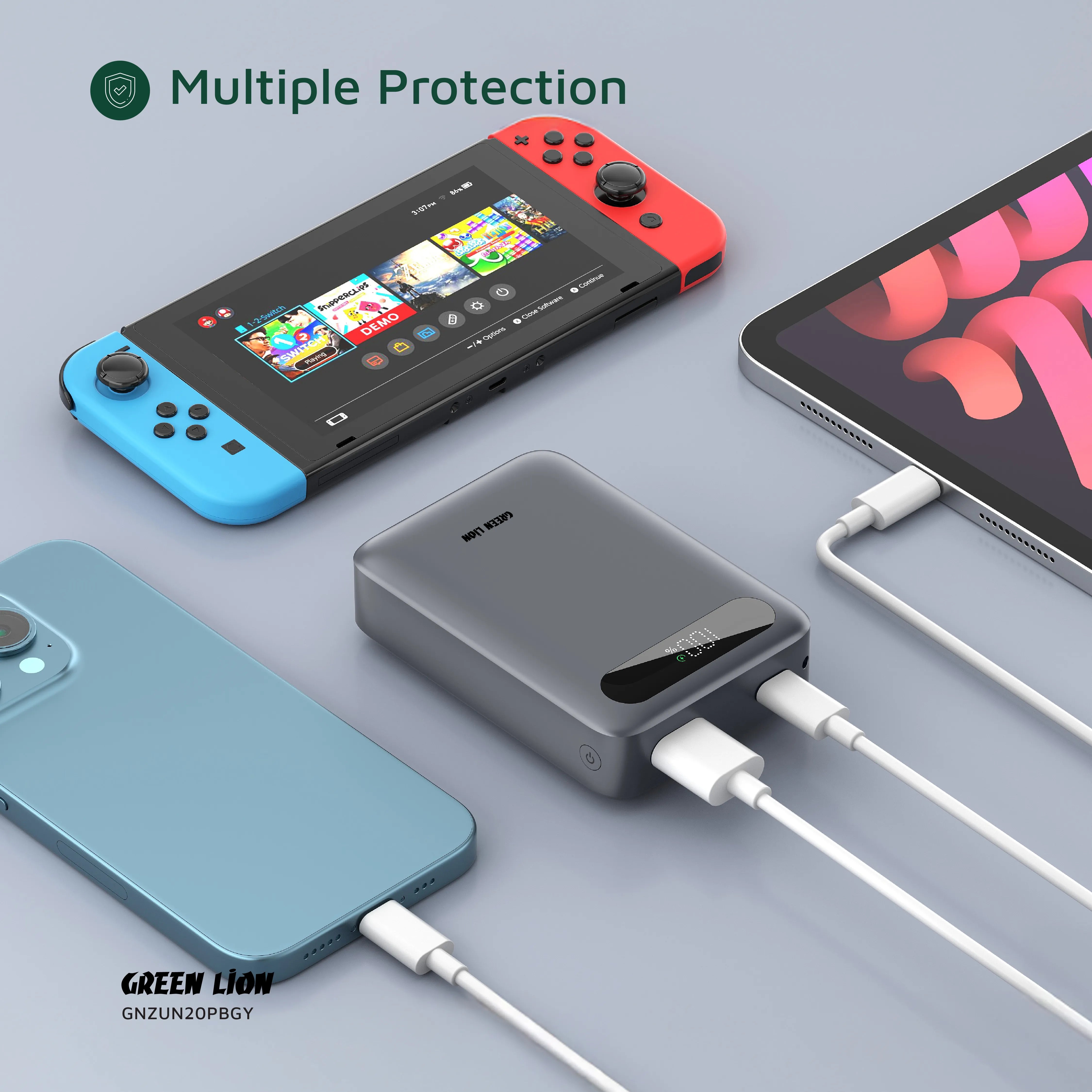 باور بانك Green Lion Zuno سعة 20000mAh بشحن سريع 22.5W وشاشة رقمية – رمادي