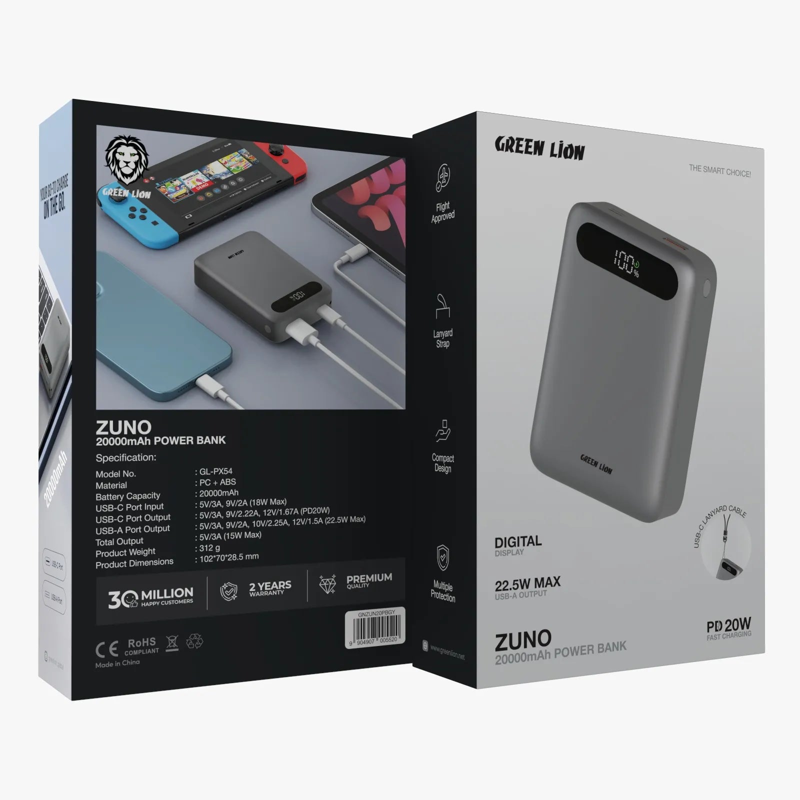 باور بانك Green Lion Zuno سعة 20000mAh بشحن سريع 22.5W وشاشة رقمية – رمادي
