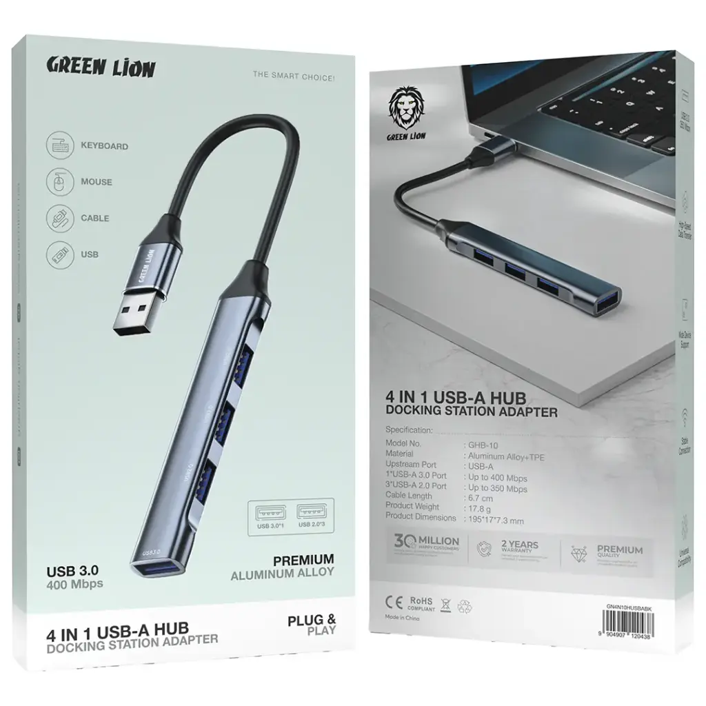Green Lion محور USB-A 4 في 1 - محول محطة إرساء - أسود