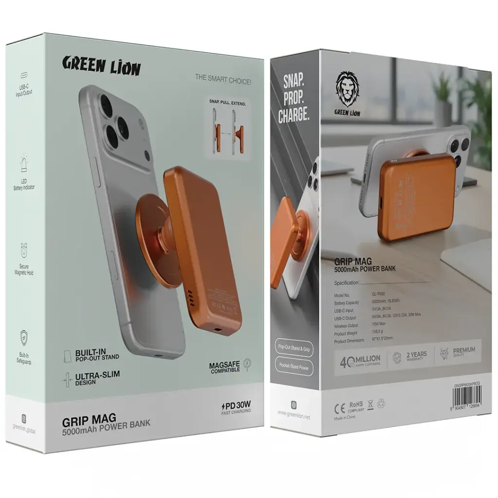 باور بانك Green Lion Grip Mag بسعة 5000mAh و PD 30W - أسود