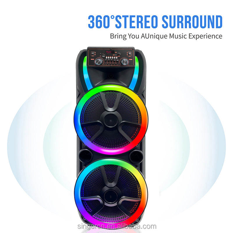 GEDI-G Dual Woofer Portable Party Speaker with RGB Lights & Wireless Microphones – Black