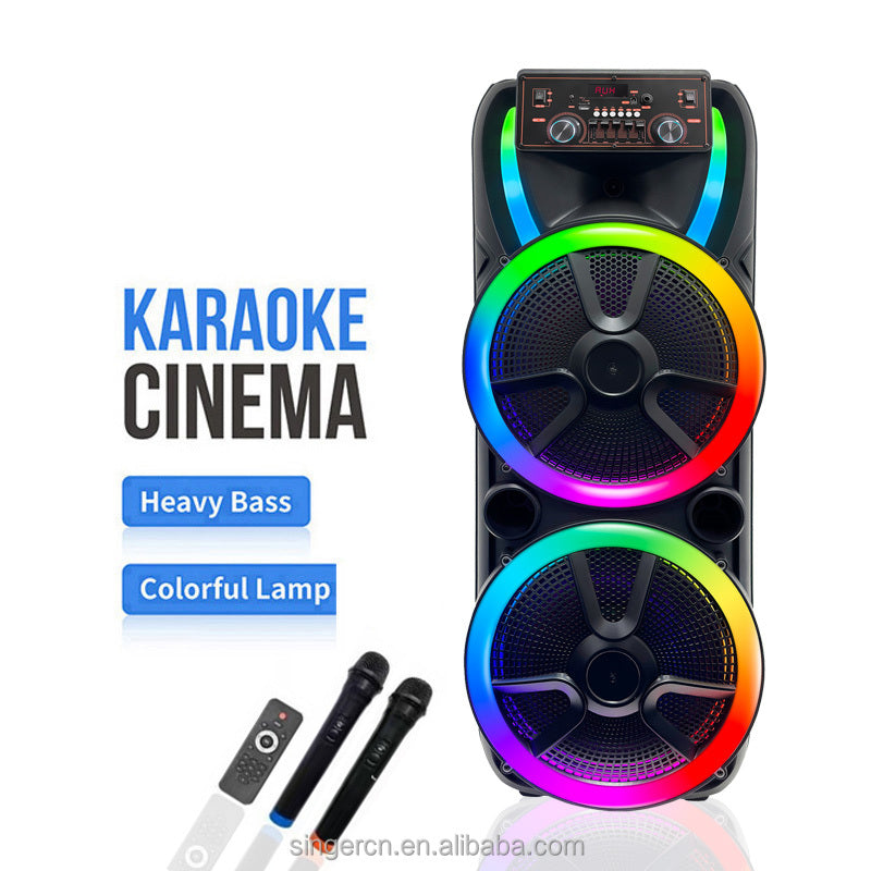 GEDI-G Dual Woofer Portable Party Speaker with RGB Lights & Wireless Microphones – Black