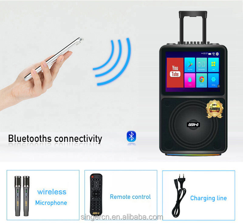 GEDI-G Portable Karaoke Party Speaker with Touch Display & Wireless Microphones – Black