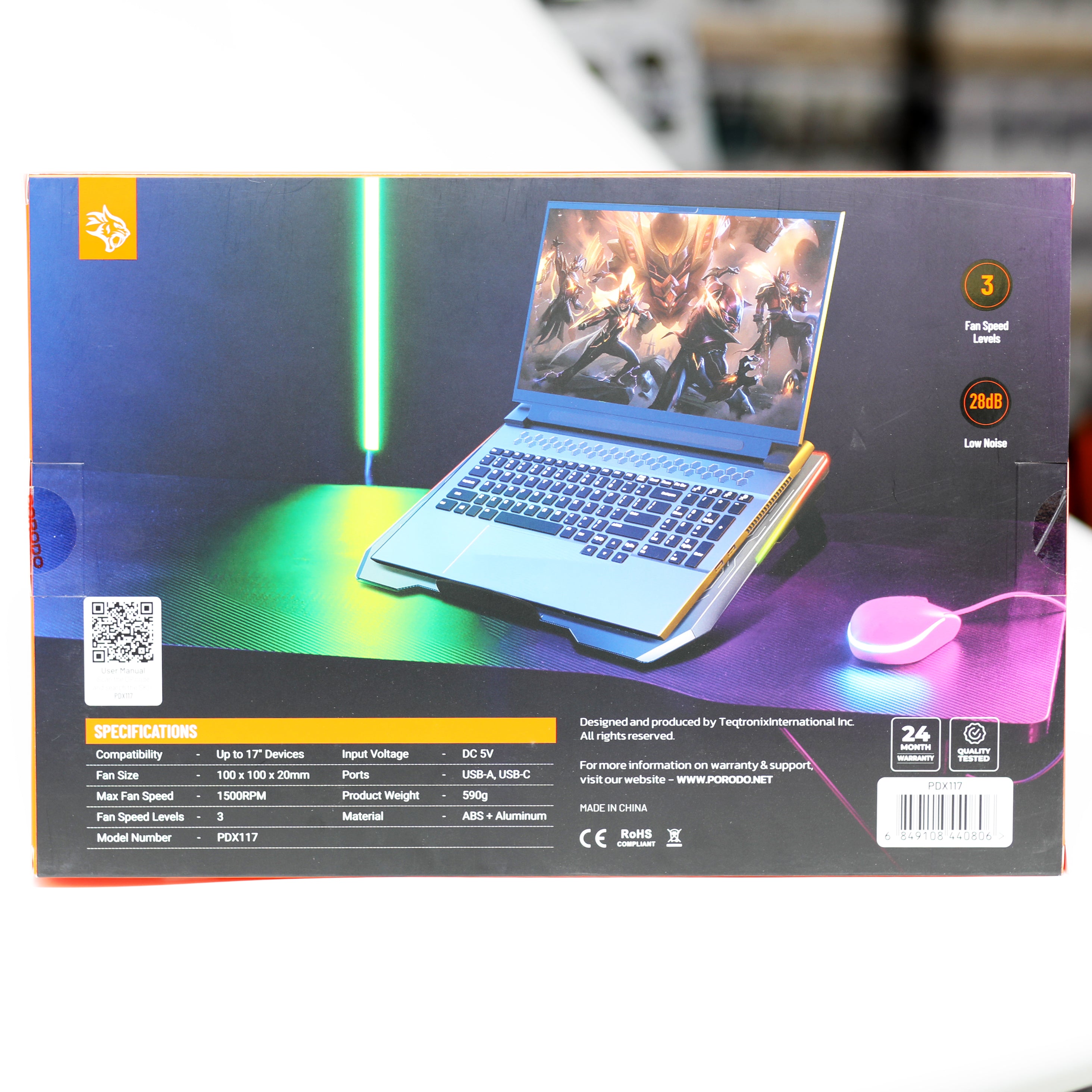 قاعدة تبريد لابتوب Porodo Gaming PDX117 متعددة المراوح مع إضاءة RGB