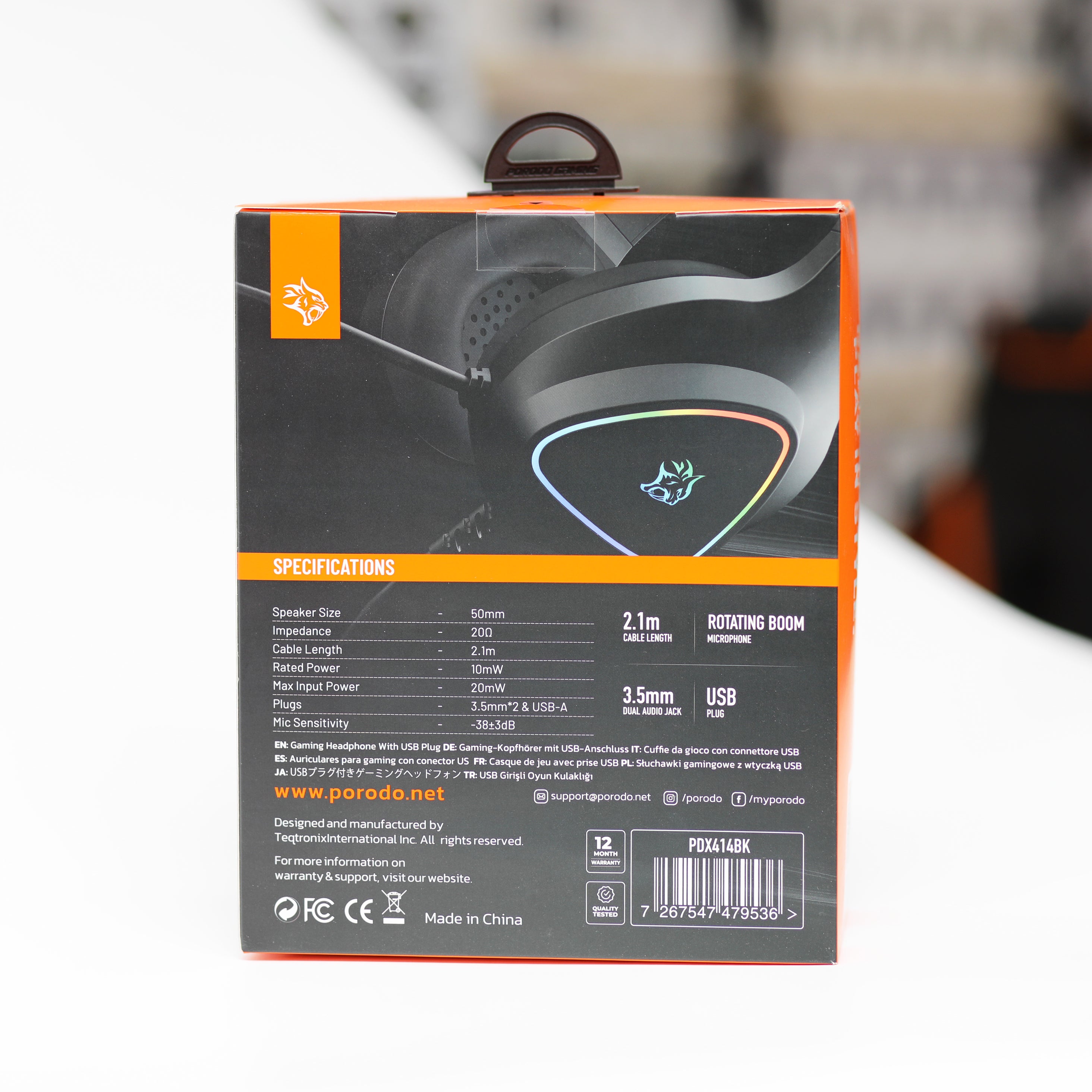 سماعة الألعاب Porodo Gaming E-Sports HD مع إضاءة RGB