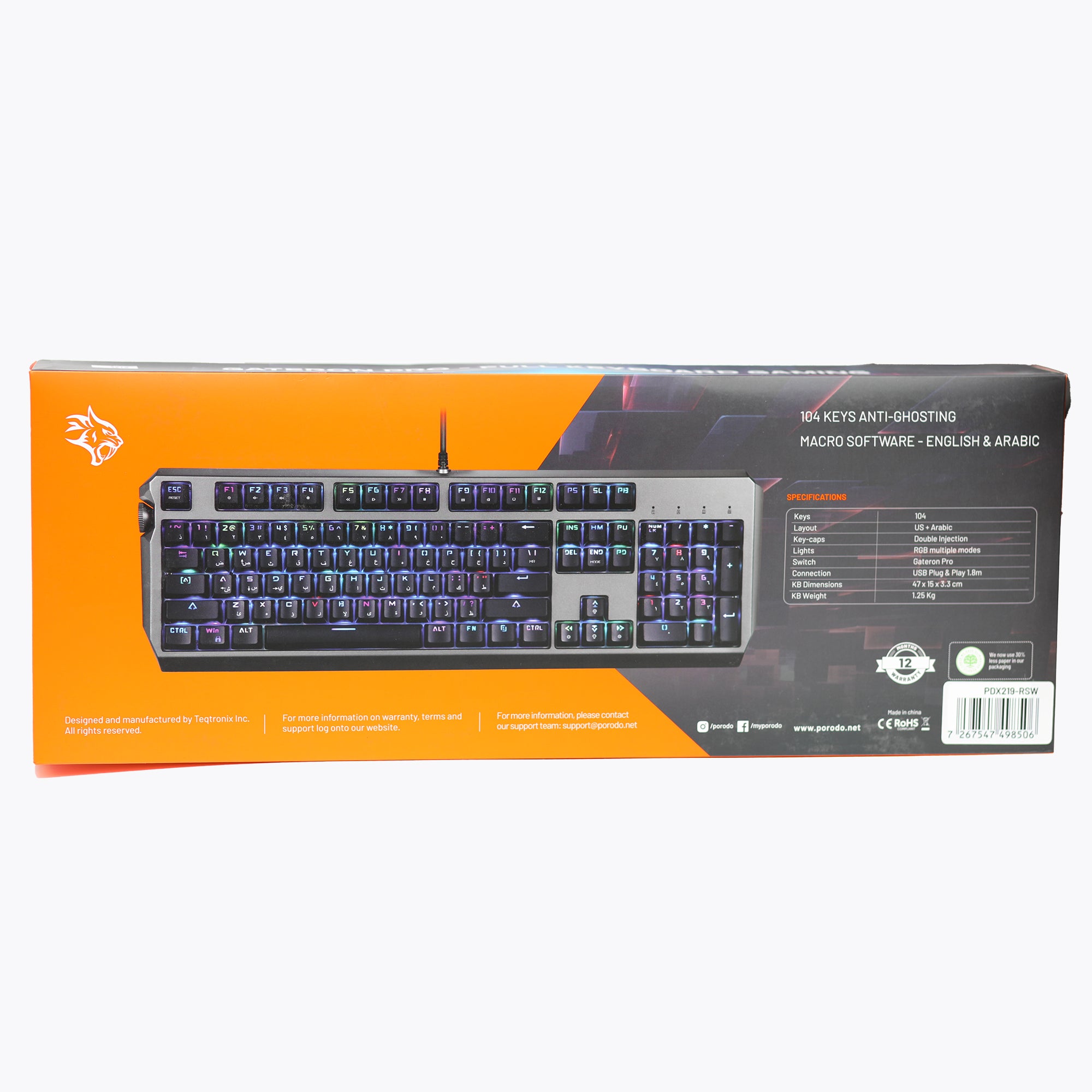 لوحة مفاتيح ألعاب ميكانيكية Porodo Gaming PDX219 بإضاءة RGB مع مفاتيح Gateron Pro Red