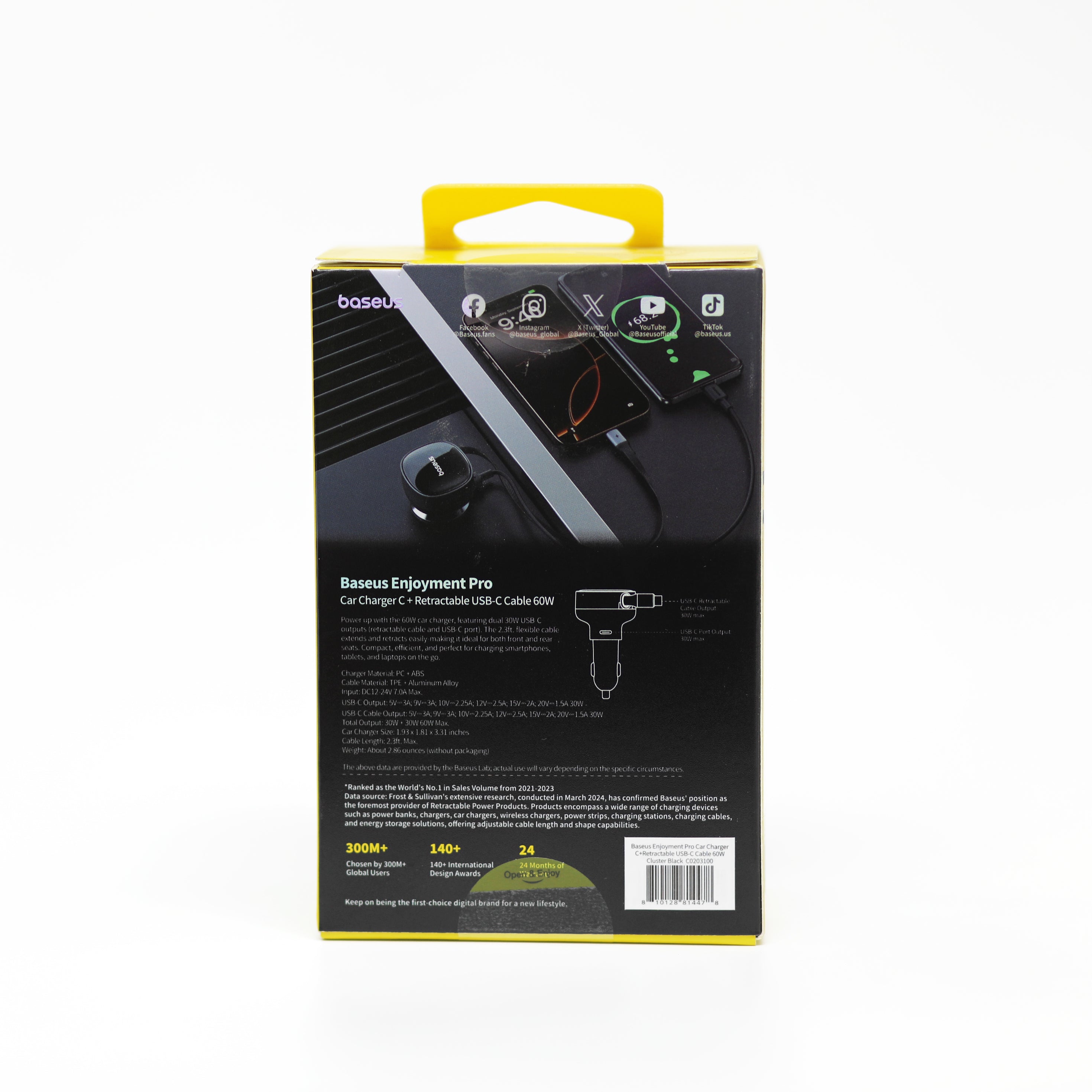 شاحن سيارة Baseus Enjoyment Pro بقدرة 60 واط مع كابل USB-C قابل للسحب