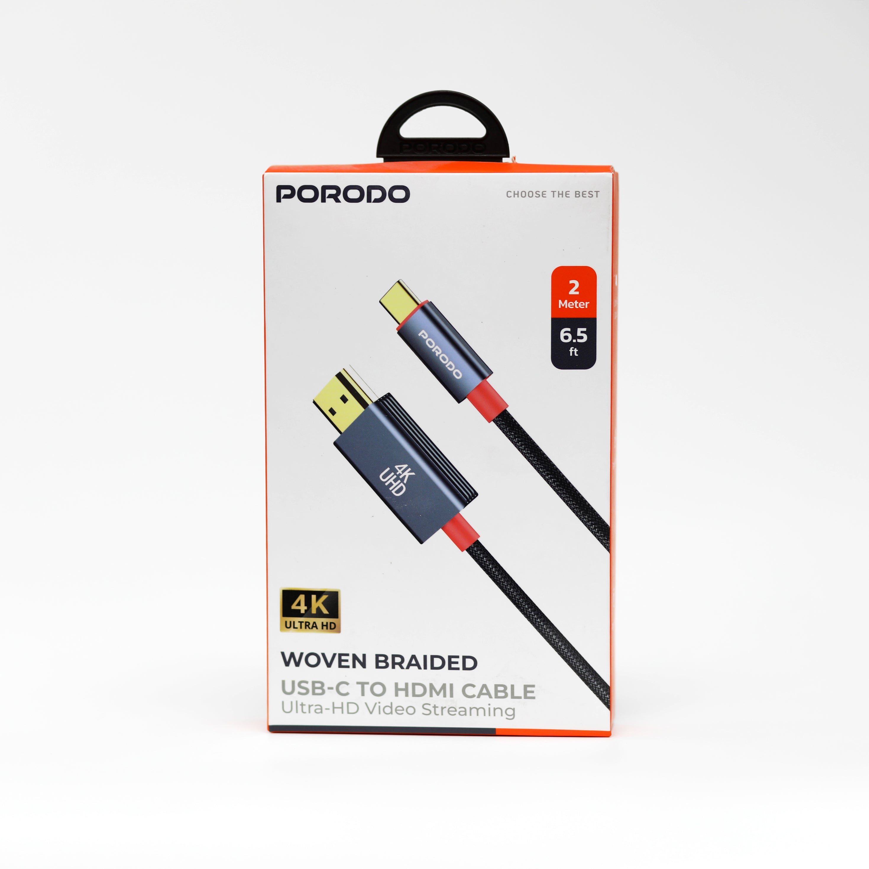 كابل Porodo USB-C إلى HDMI بدقة 4K بطول 2 متر – تصميم مضفر متين