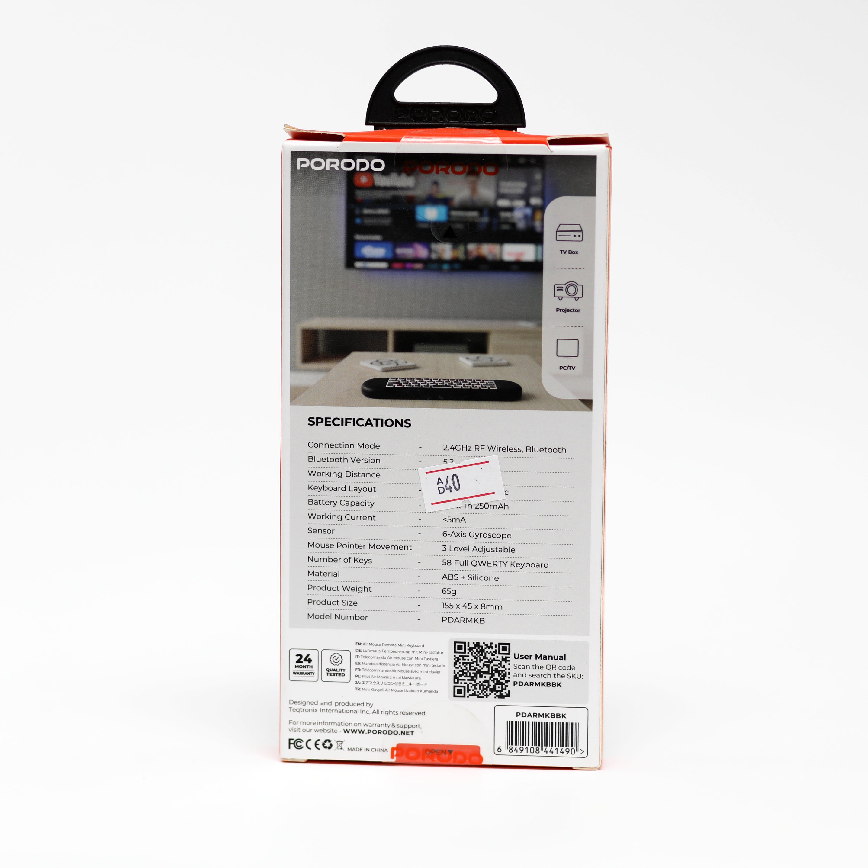 ريموت كنترول Porodo Air Mouse مع لوحة مفاتيح مصغرة وإضاءة RGB