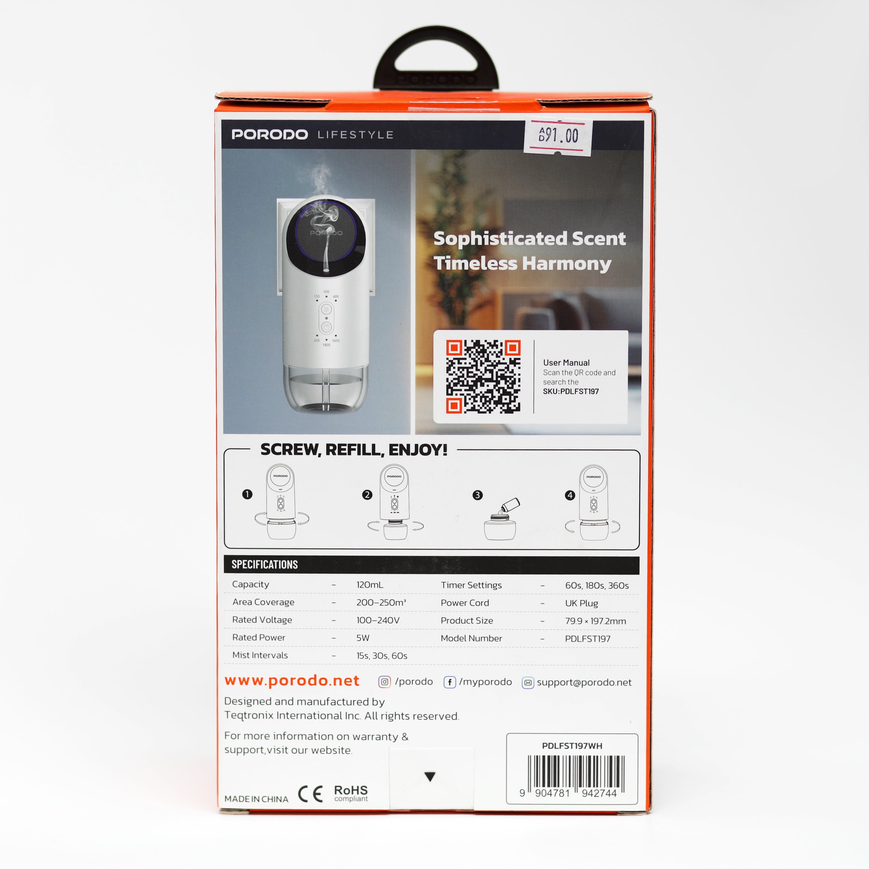 موزع عطور جداري بالزيوت العطرية Porodo Lifestyle Plug-In Essential Oil Diffuser