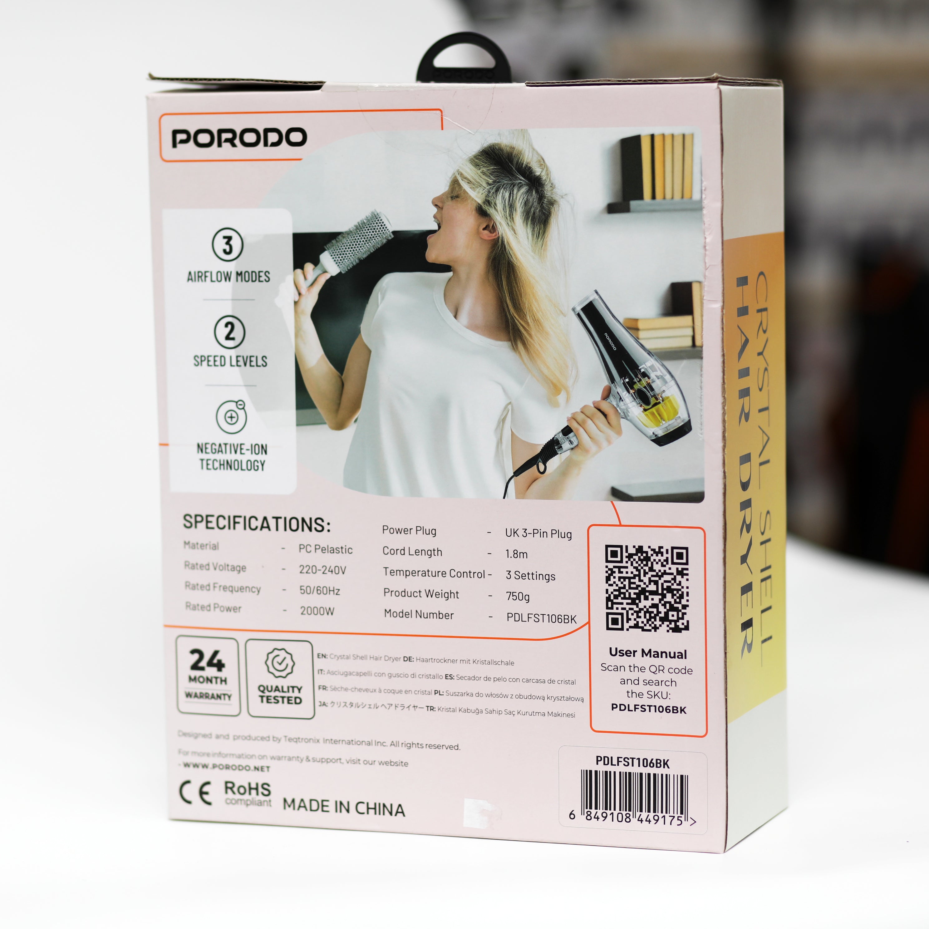 مجفف شعر Porodo Crystal Shell الاحترافي بقدرة 2000 واط مع تقنية الأيونات السالبة