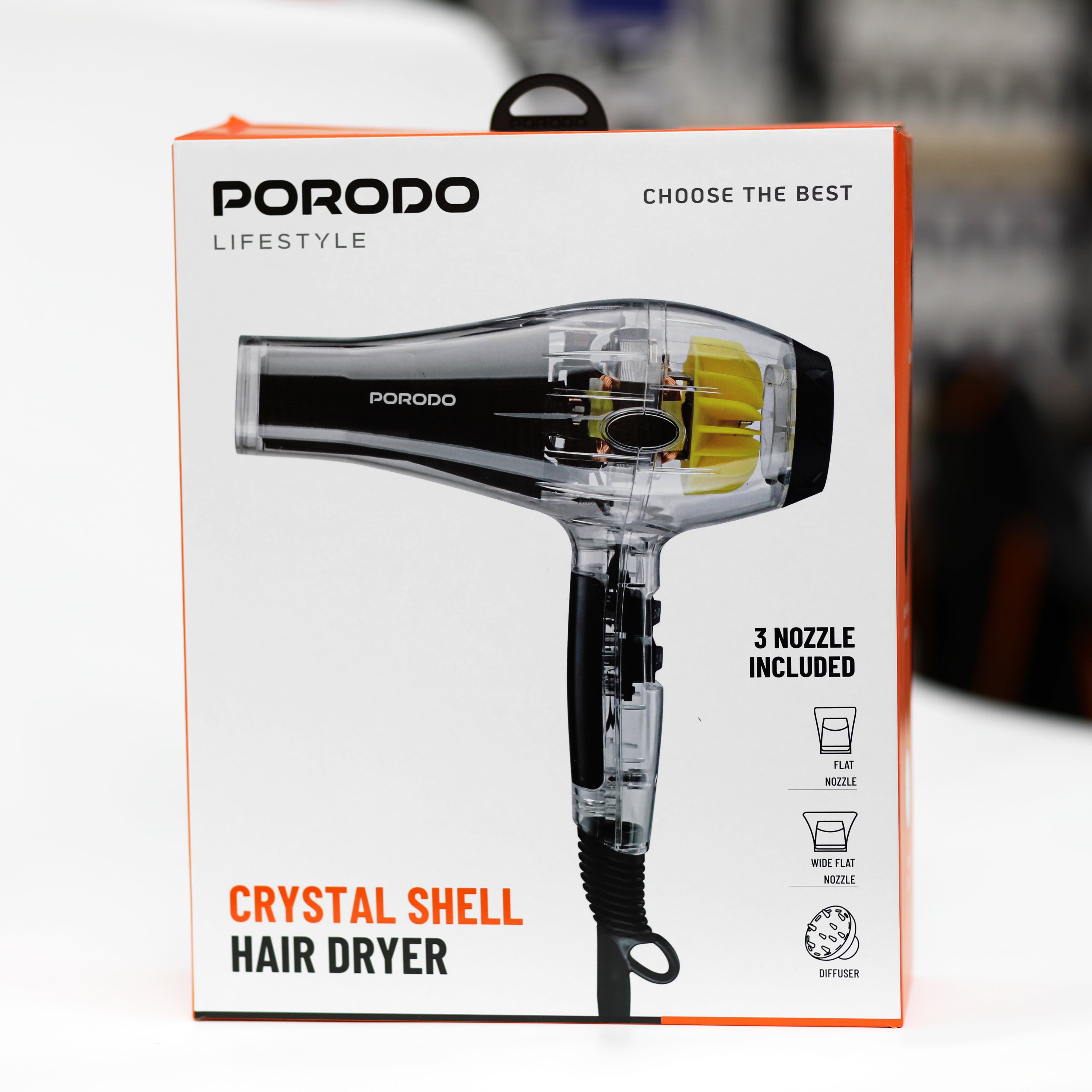 مجفف شعر Porodo Crystal Shell الاحترافي بقدرة 2000 واط مع تقنية الأيونات السالبة