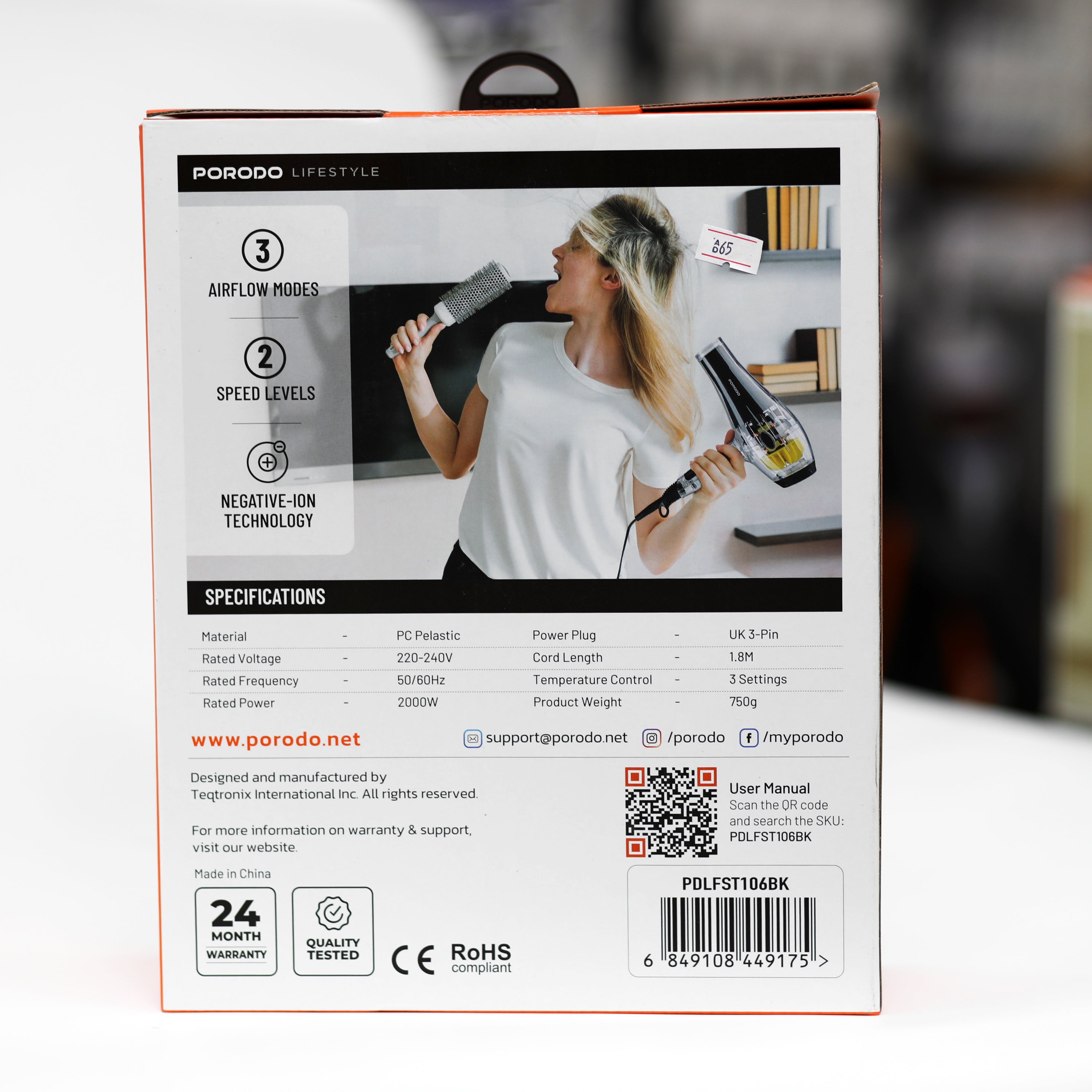 مجفف شعر Porodo Crystal Shell الاحترافي بقدرة 2000 واط مع تقنية الأيونات السالبة