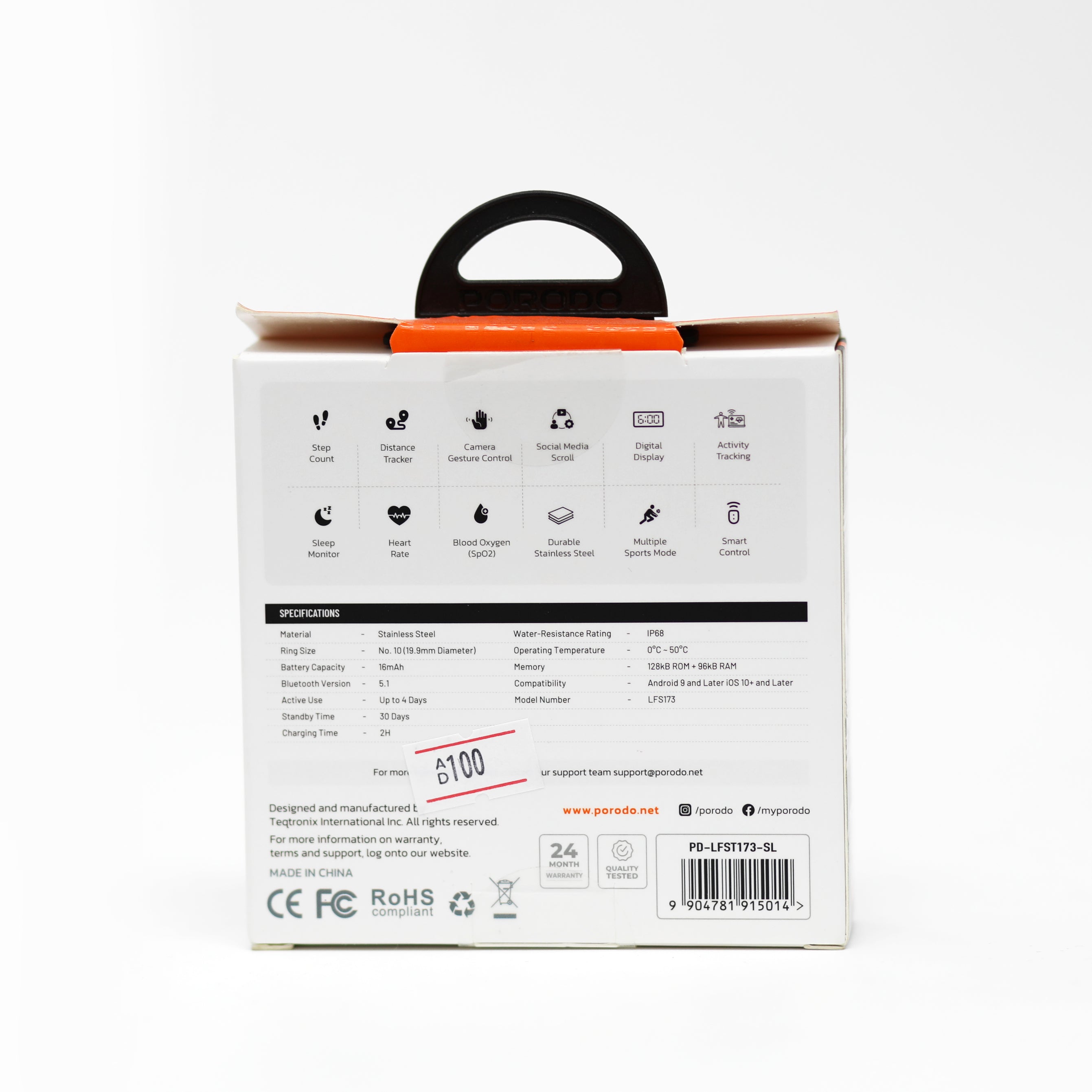 خاتم ذكي Porodo FitSync لتتبع الصحة واللياقة – مقاس 10