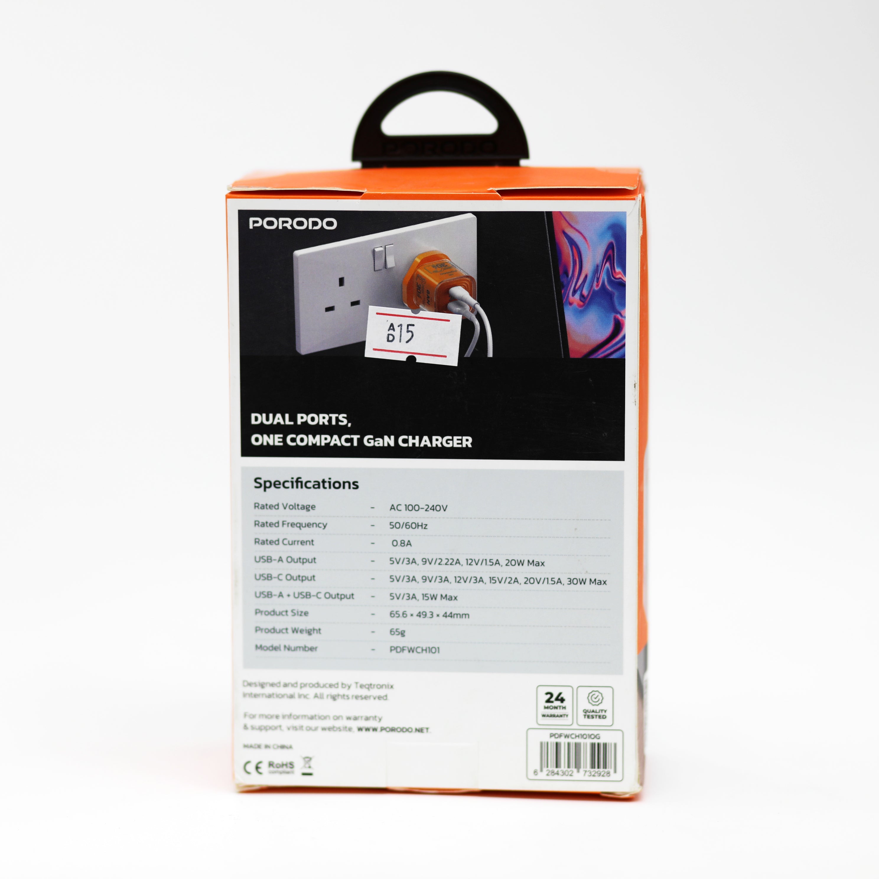 شاحن Porodo Tezclarte GaN سريع 30 واط بمنفذين USB-C وUSB-A