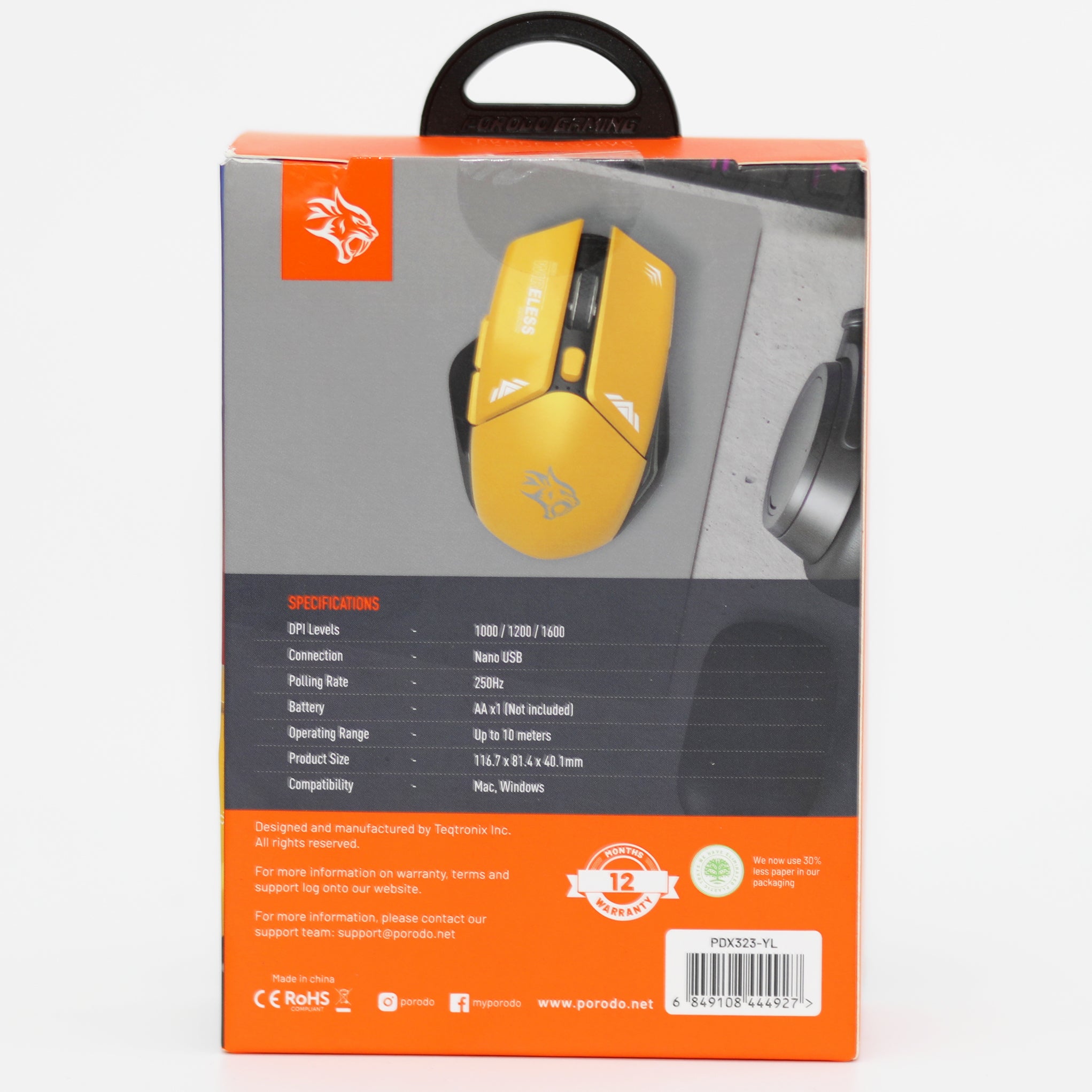 بورودو جيمينج Porodo Gaming PDX323 ماوس لاسلكي – 2.4GHz، DPI قابل للتعديل 1600، تصميم مريح، نانو USB، مدى 10 متر