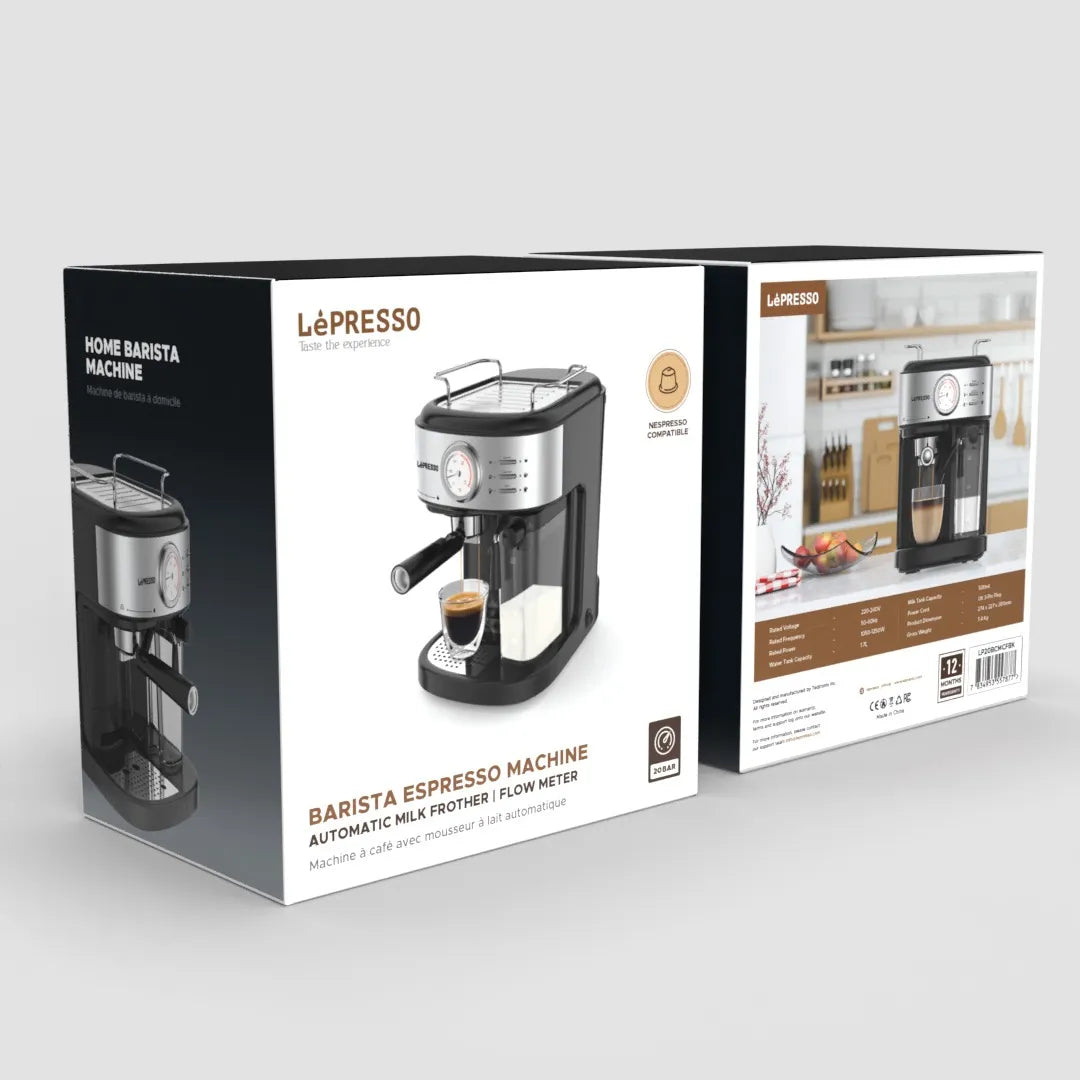 Barista Espresso Machine with Automatic Milk Frother & Flow Meter – 20 Bar Pressure, Nespresso Compatible – LéPresso