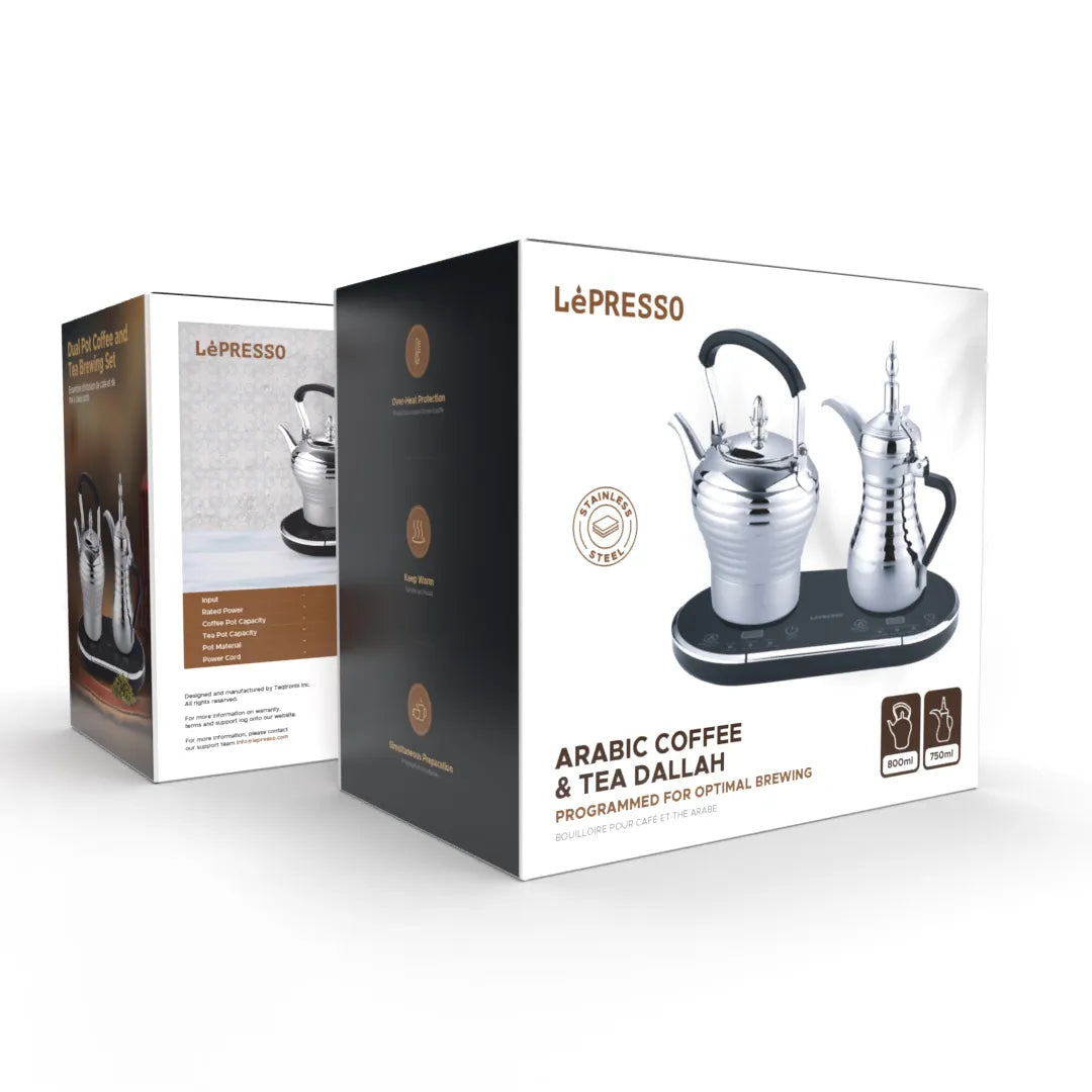 Arabic Coffee & Tea Dallah Set with Smart Heating Base – Dual Pot Stainless Steel Electric Warmer 1600W – LéPresso