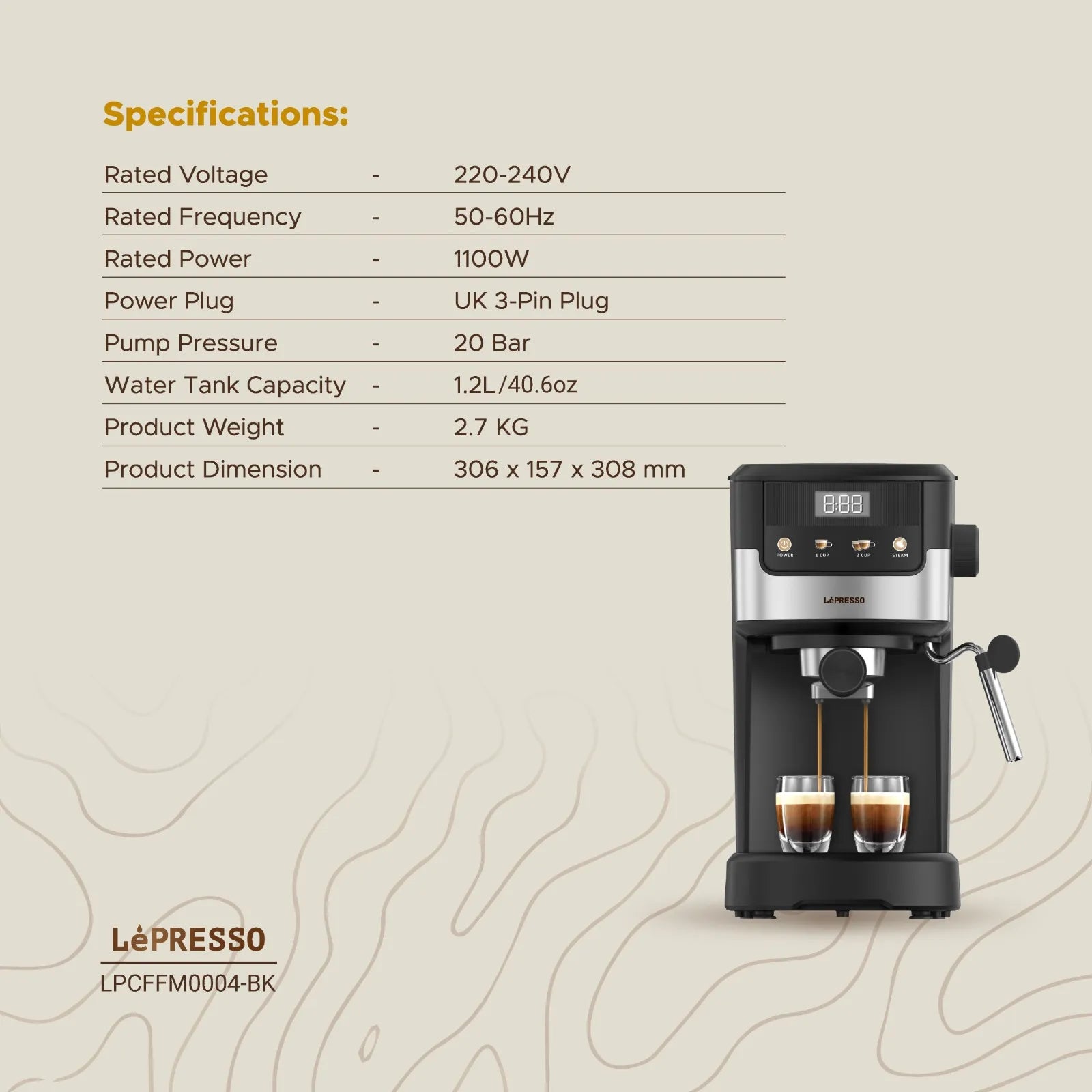 ماكينة إسبرسو Suprema مع مبخر حليب – ضغط 20 بار وشاشة لمس من LéPresso (لي بريسو)