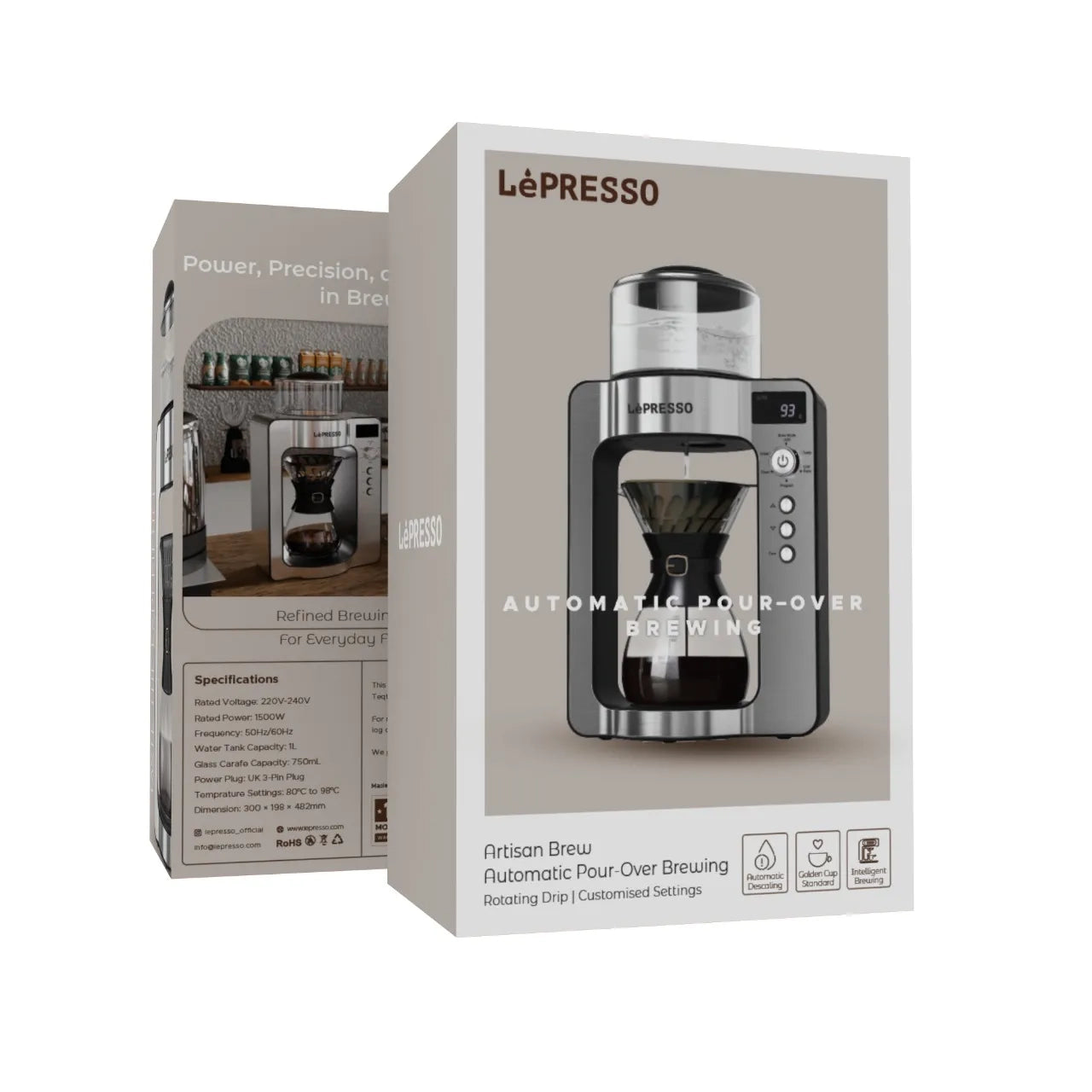 Automatic Pour-Over Coffee Maker with Rotating Drip & Custom Brewing Settings – Stainless Steel (LPCFFM0022) – LéPresso