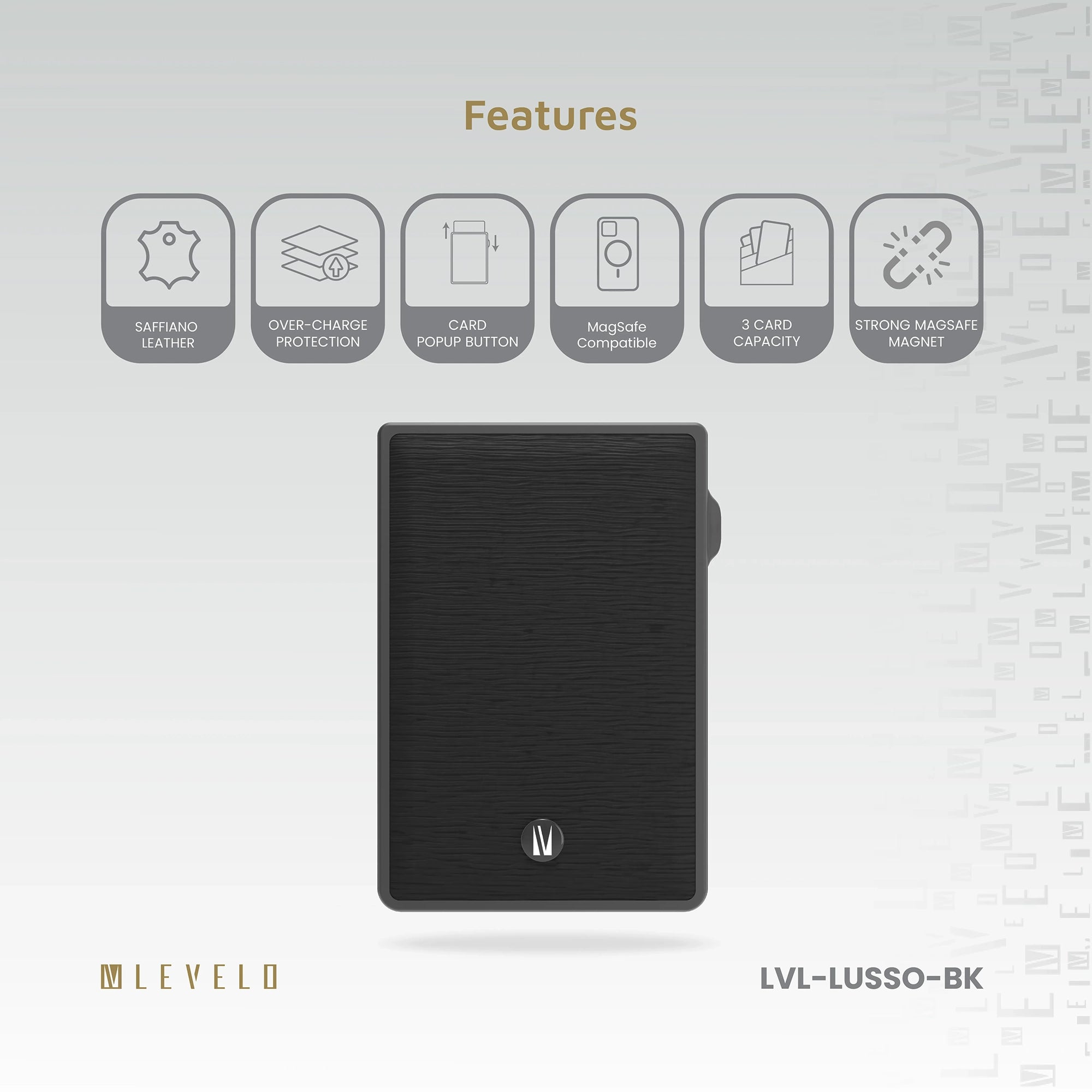 حامل بطاقات MagSafe Lusso جلد Saffiano – يسع 3 بطاقات – أسود من Levelo (ليفيلو)