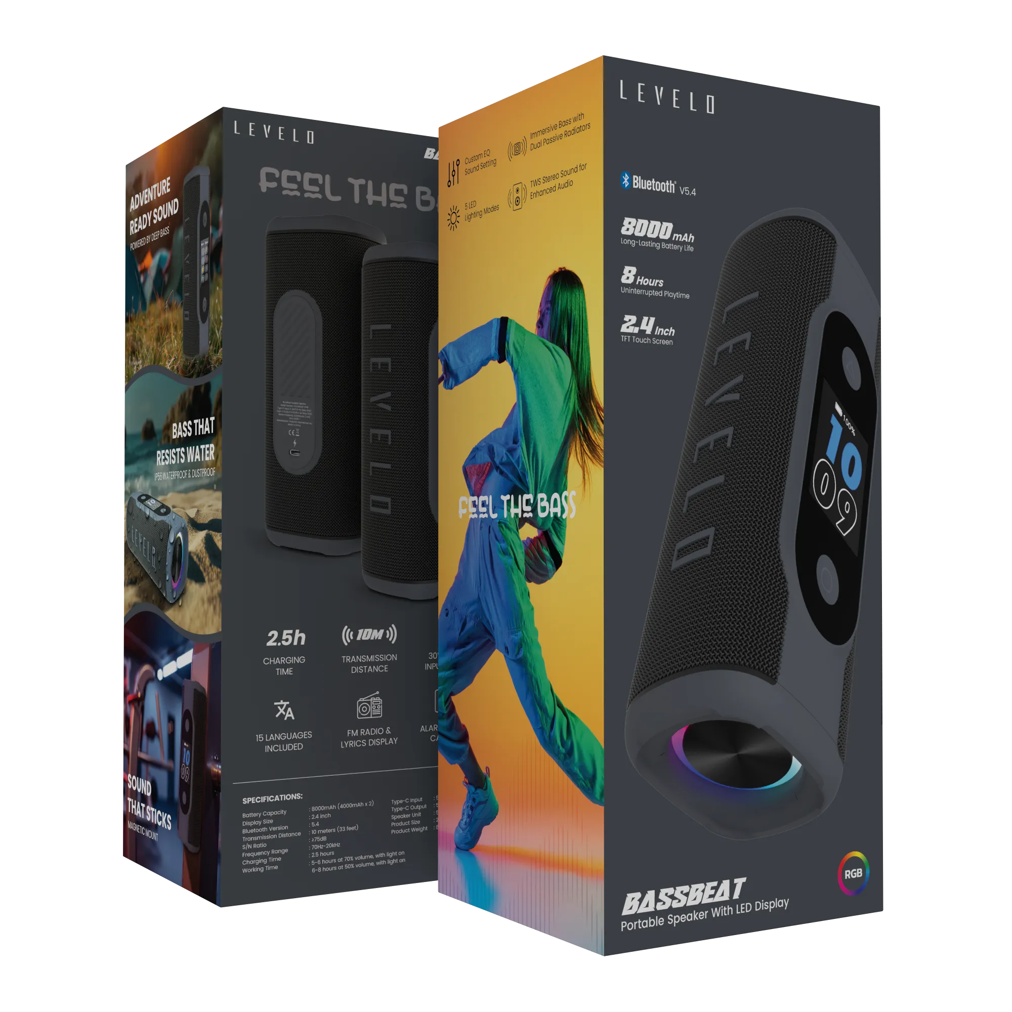 Levelo BassBeat Portable Bluetooth Speaker with LED Display & RGB Light – 8000mAh - Black