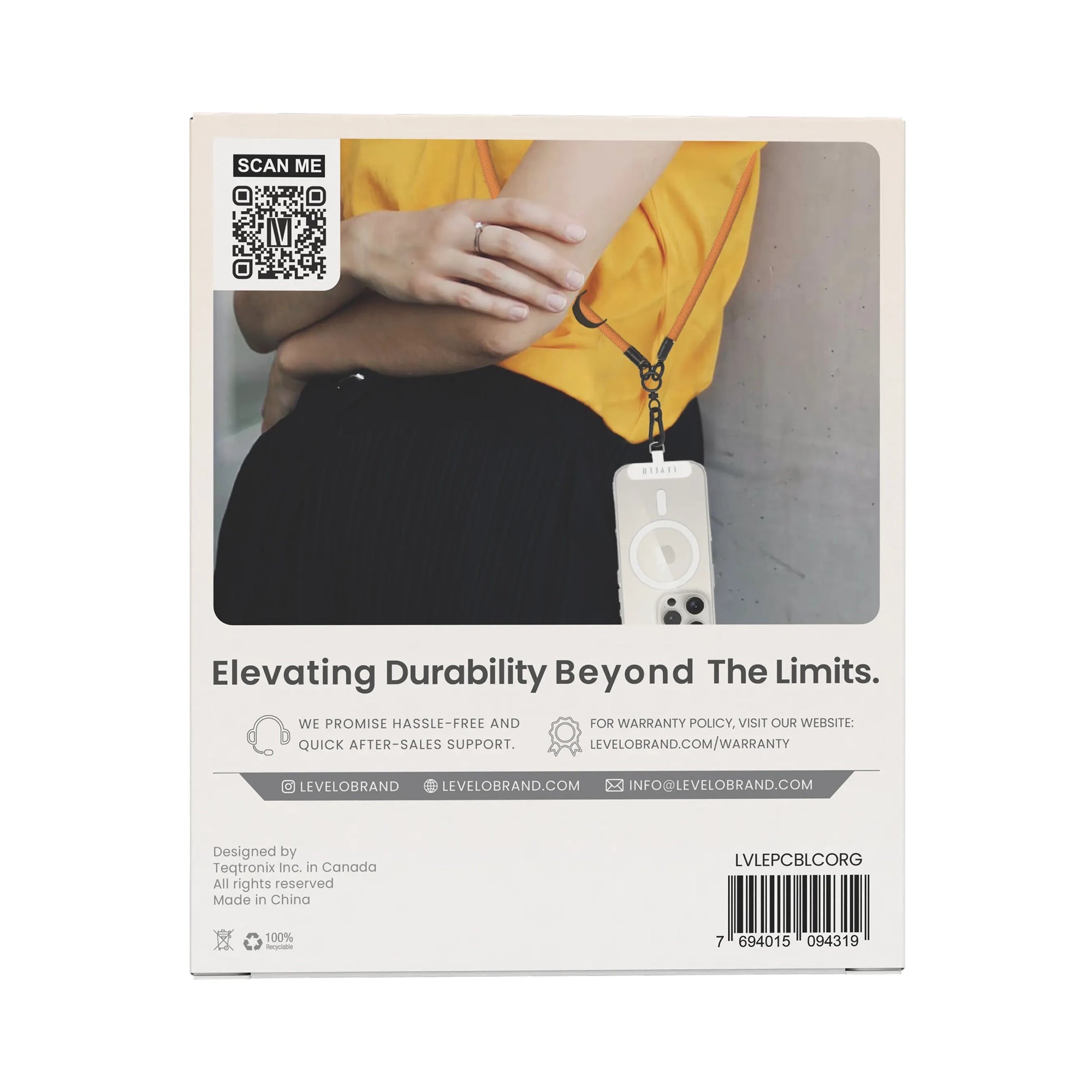 حامل موبايل بحزام Crossbody Everly – تعليق حول الرقبة أو الجسم – أبيض/برتقالي من Levelo (ليفيلو)