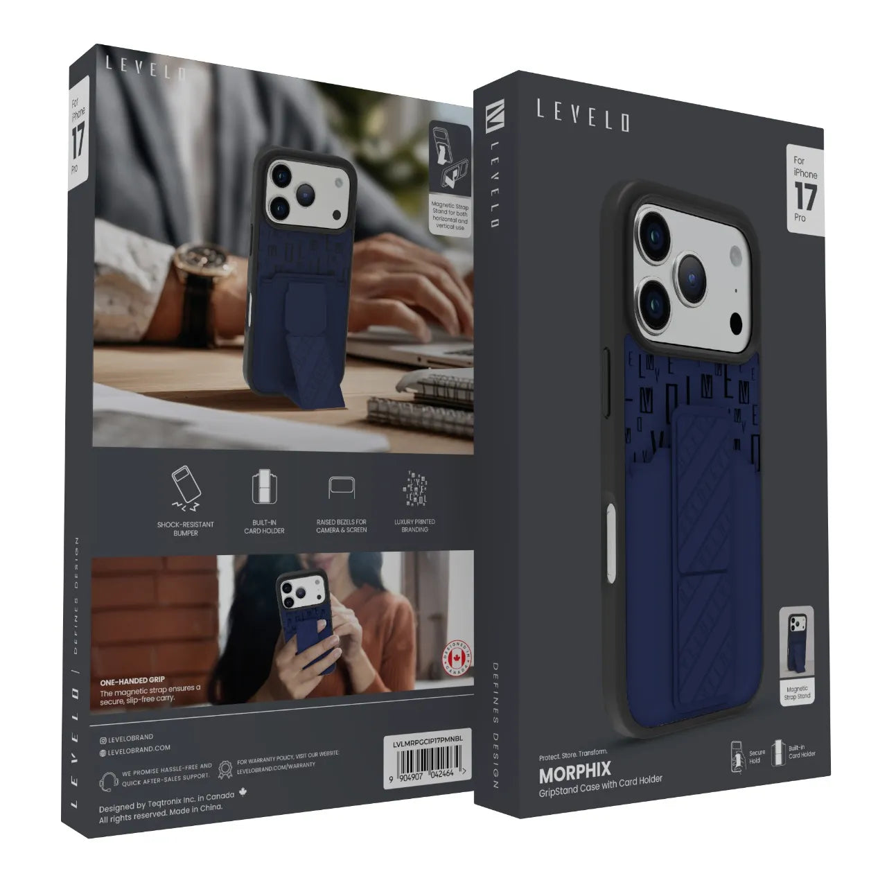 Levelo Morphix GripStand Case with Card Holder for iPhone 17 Pro – Magnetic Grip, Built-in Card Slot (Midnight Blue)