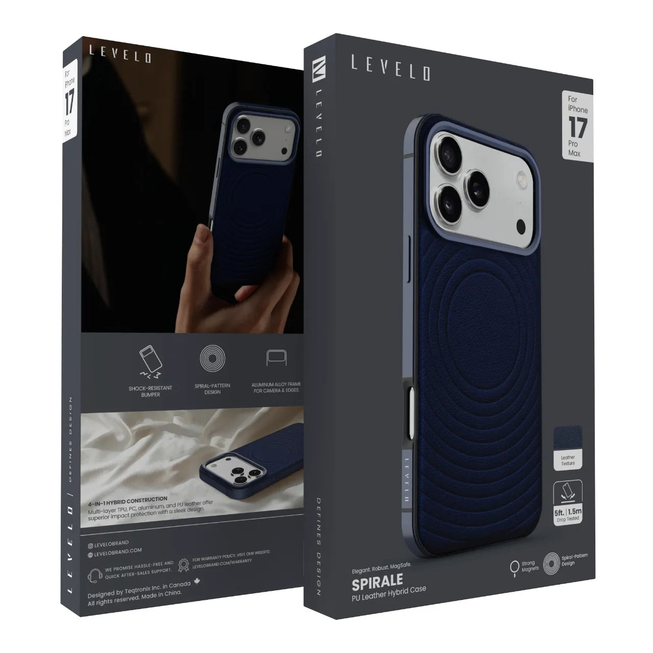 كفر iPhone 17 Pro Max Spirale بتصميم جلد بنقشة حلزونية مع MagSafe – حماية متعددة الطبقات – Midnight Blue من Levelo (ليفيلو)