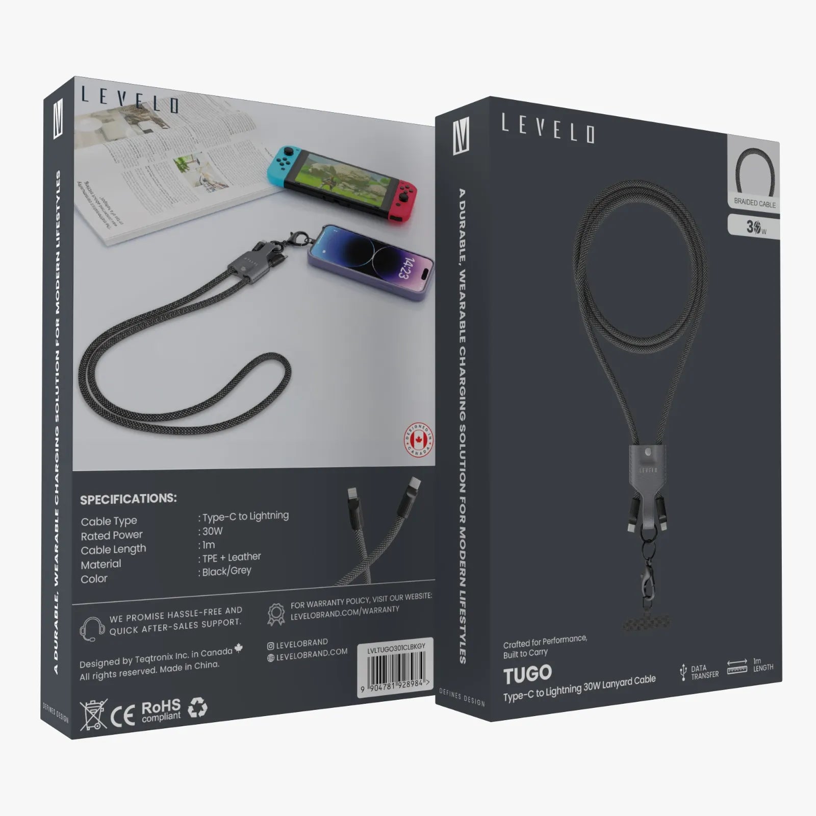 Levelo Tugo Type-C to Lightning 30W Lanyard Cable – Gray