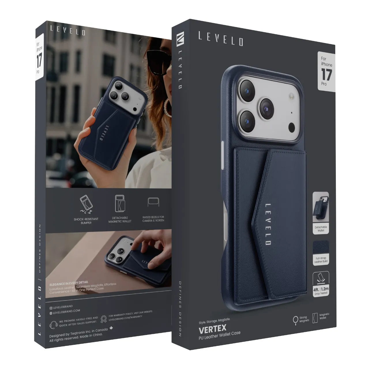 كفر iPhone 17 Pro Vertex جلد PU مع محفظة مغناطيسية قابلة للفصل – أزرق داكن من Levelo (ليفيلو)