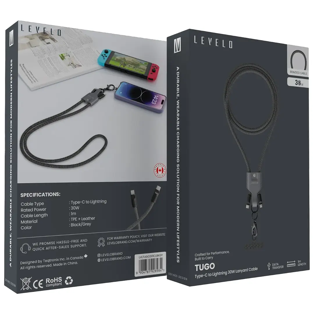 Levelo Tugo Type-C to Lightning 30W Lanyard Cable - Gray LVLTUGO301CLBKGY