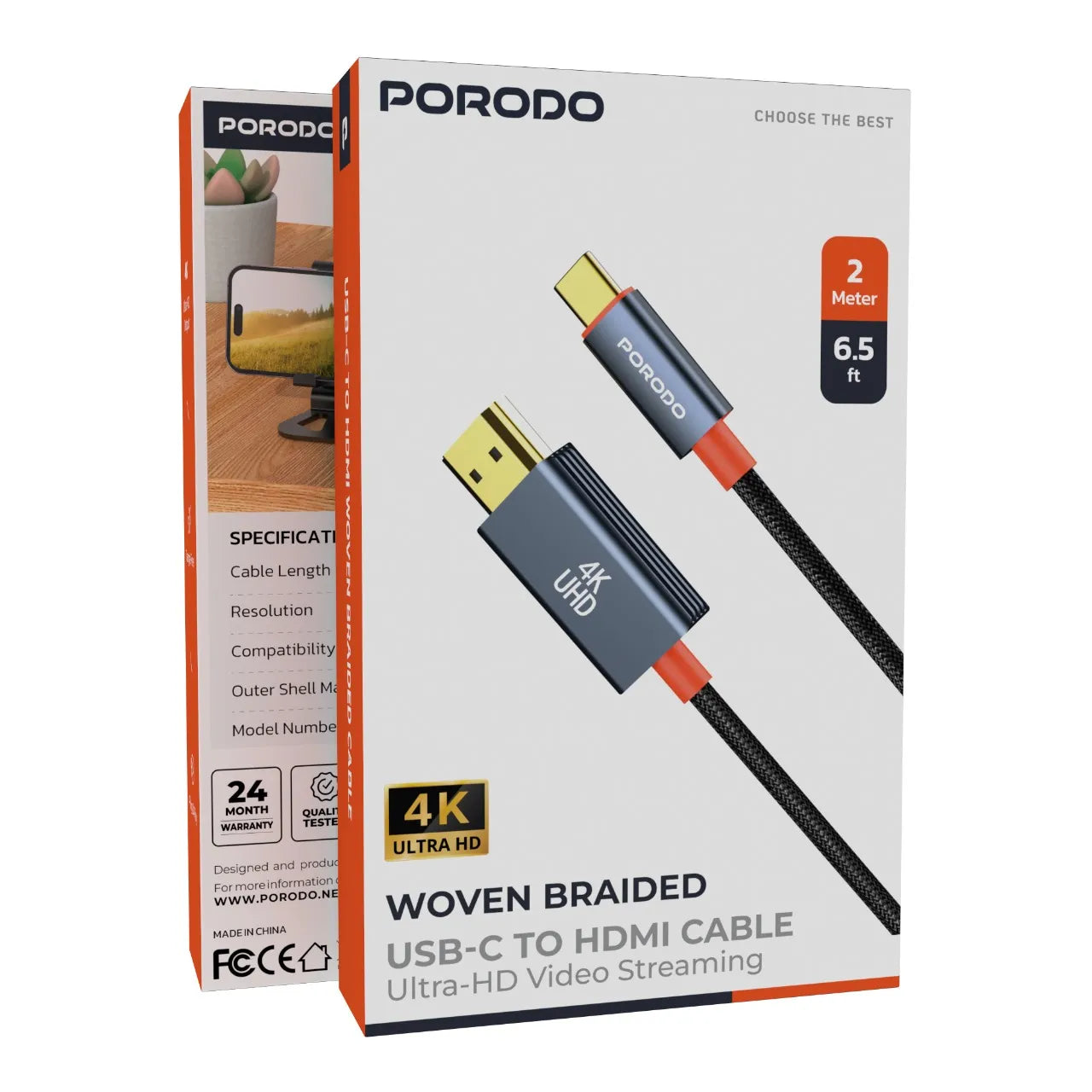 Porodo Woven Braided USB-C to HDMI Cable 4K UHD 60Hz 2M – Black