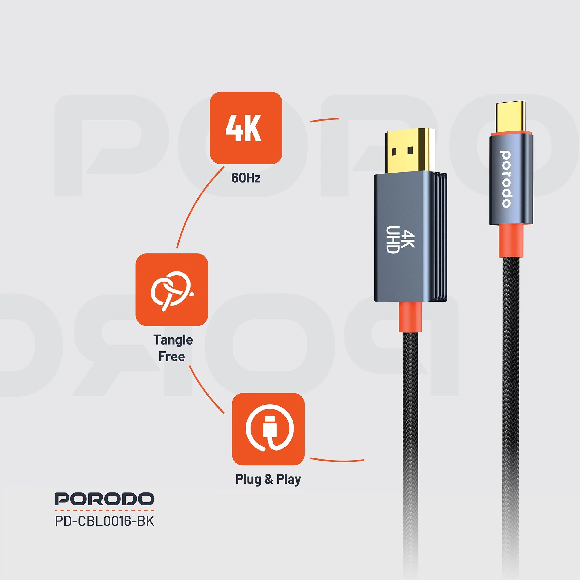 Porodo Woven Braided USB-C to HDMI Cable 4K UHD 60Hz 2M – Black