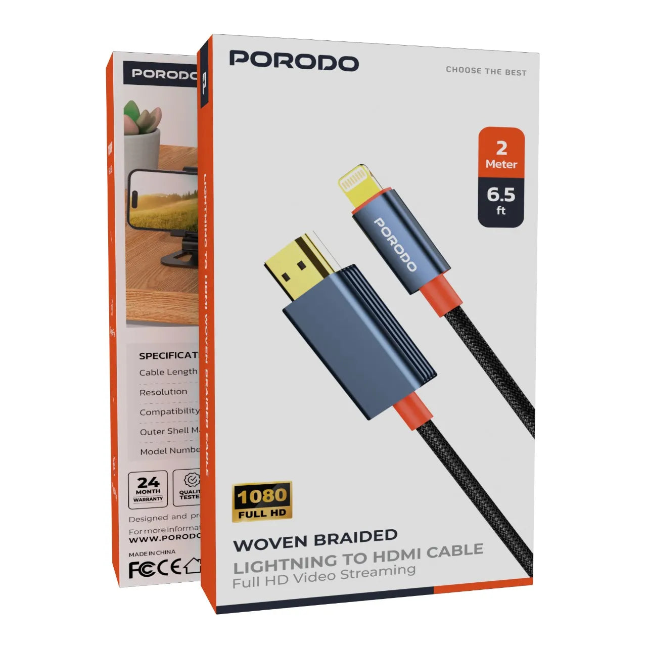 كابل Porodo مضفر Lightning إلى HDMI بطول 2 متر ودقة Full HD 1080P – أسود