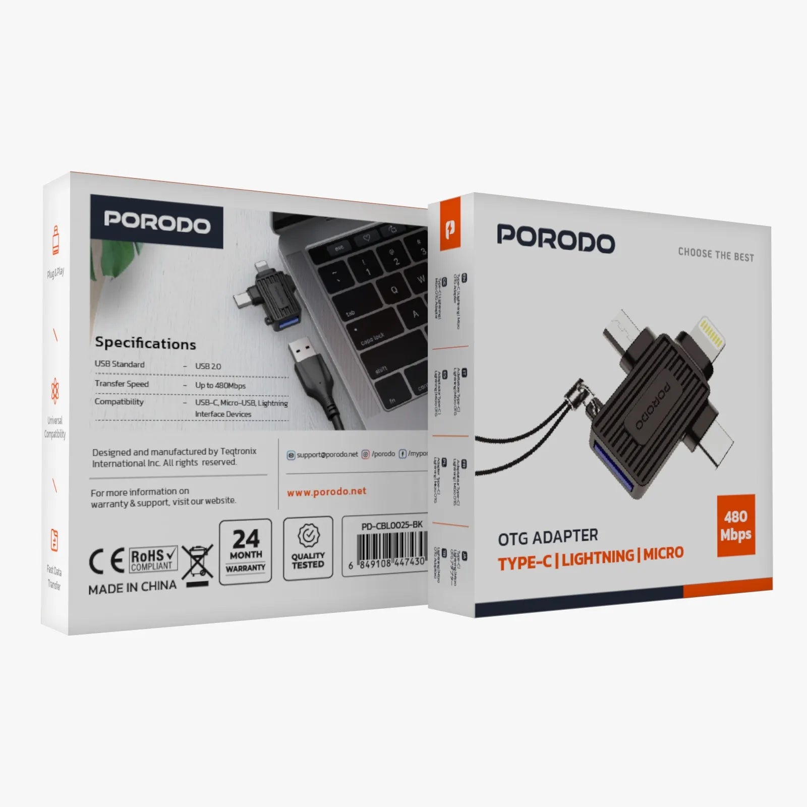 Porodo OTG Adapter Type-C | Lightning | Micro USB 480Mbps – Black