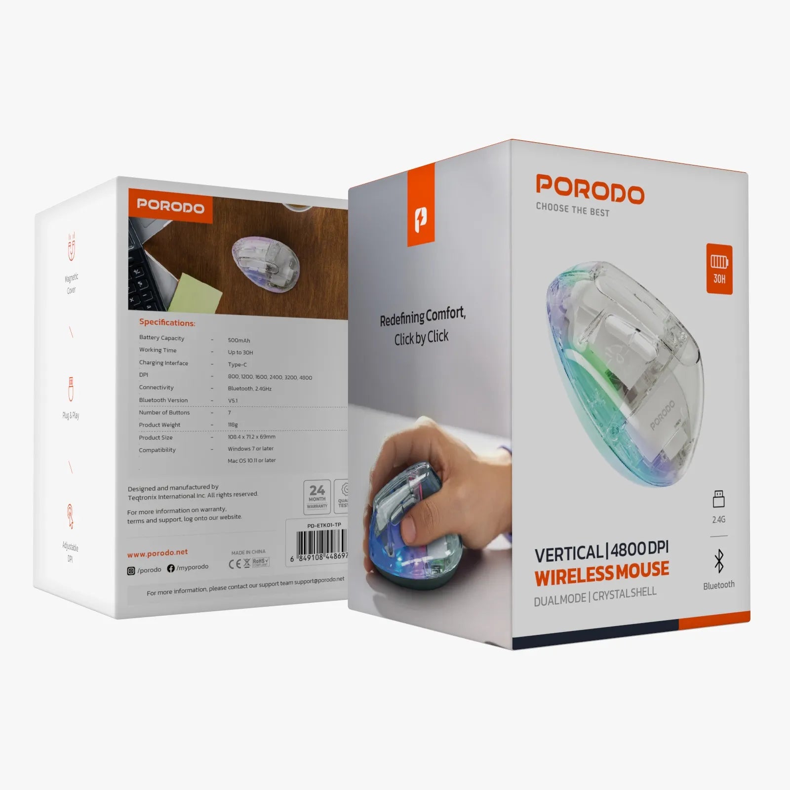 ماوس Porodo اللاسلكي العمودي Crystal Shell ثنائي الاتصال بدقة 4800 DPI – شفاف