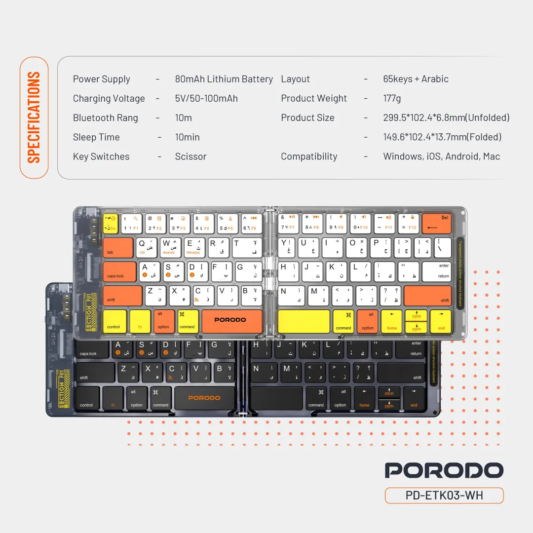 Porodo Crystal Shell Transparent Bluetooth Folding Keyboard - White
