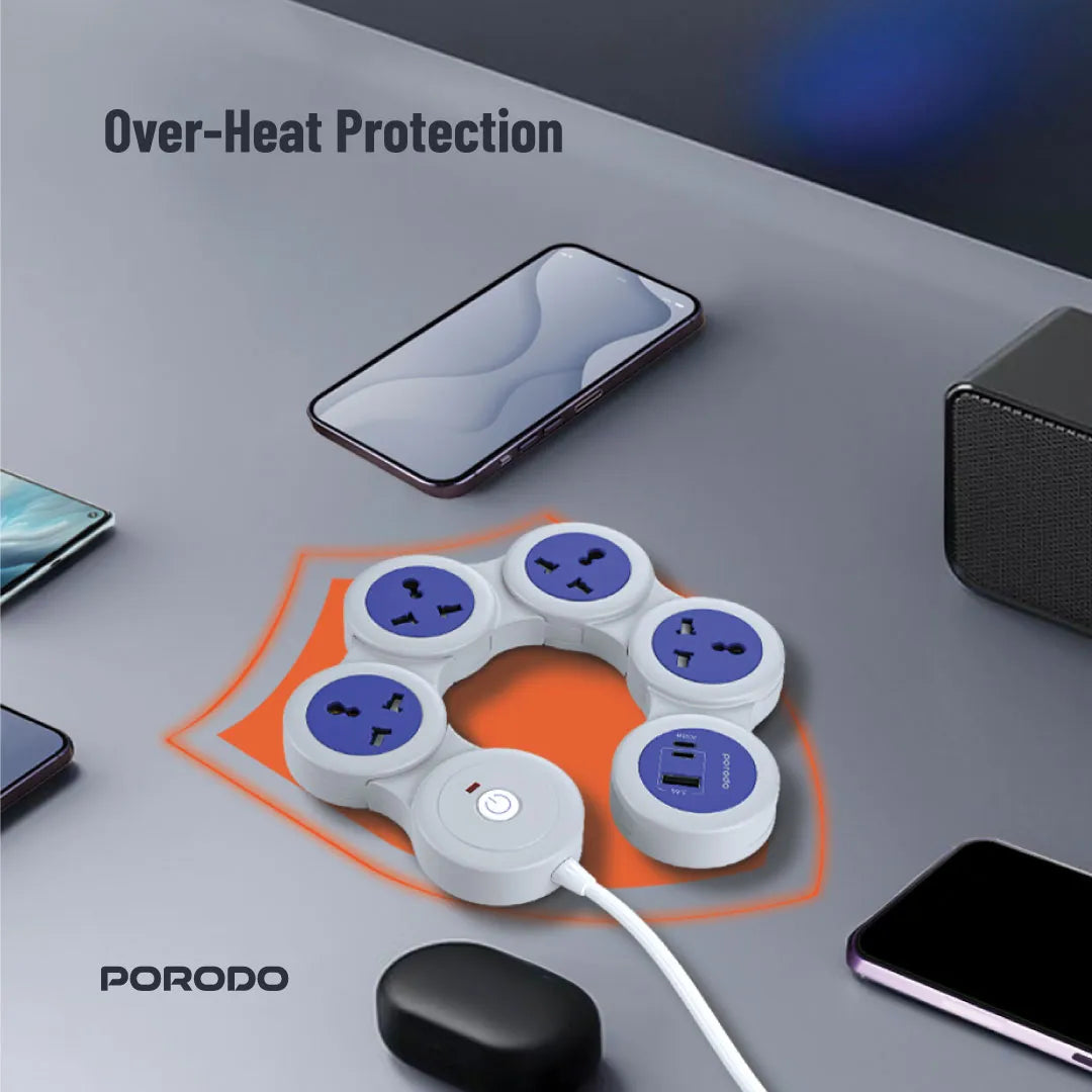 Multi Socket Extension 2500W with USB-C PD 20W & 4 AC Ports – Porodo
