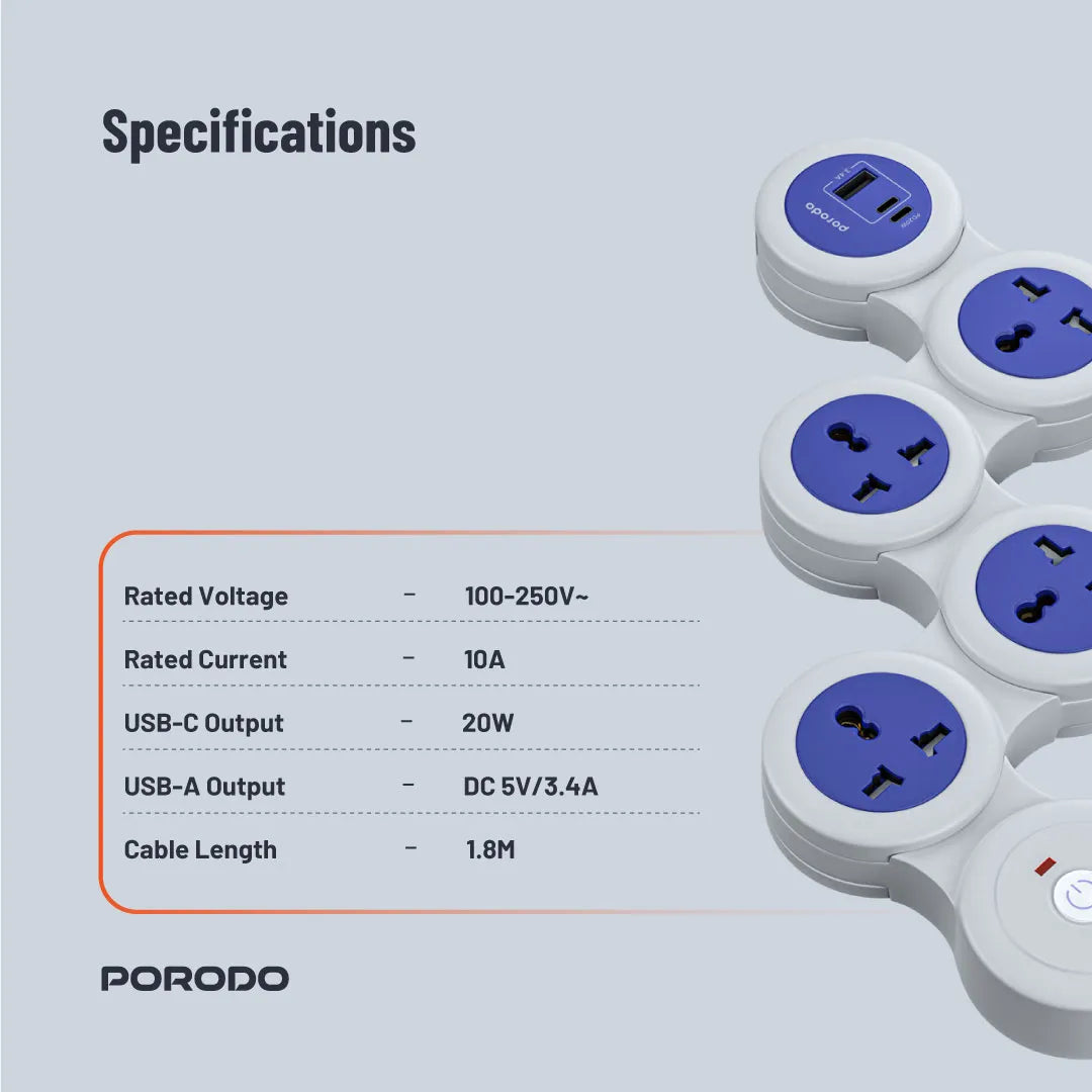 مشترك كهرباء 4 مخارج 2500W مع USB-C PD 20W وكابل 1.8 متر – بورودو